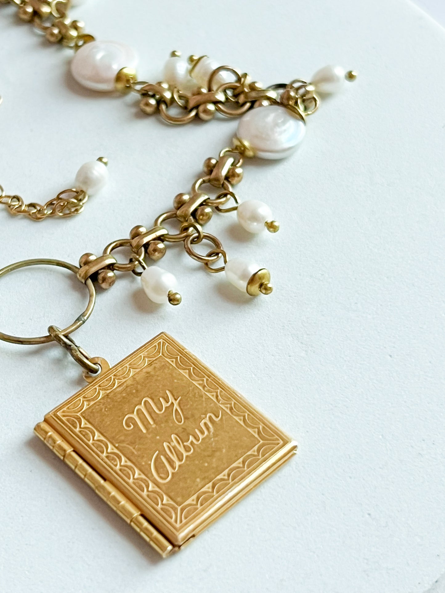 Vintage Deadstock Brass Chain Necklace With 70's "My Album" Photo Locket, Brass Capped White Coin, and Rice Pearl Fringe
