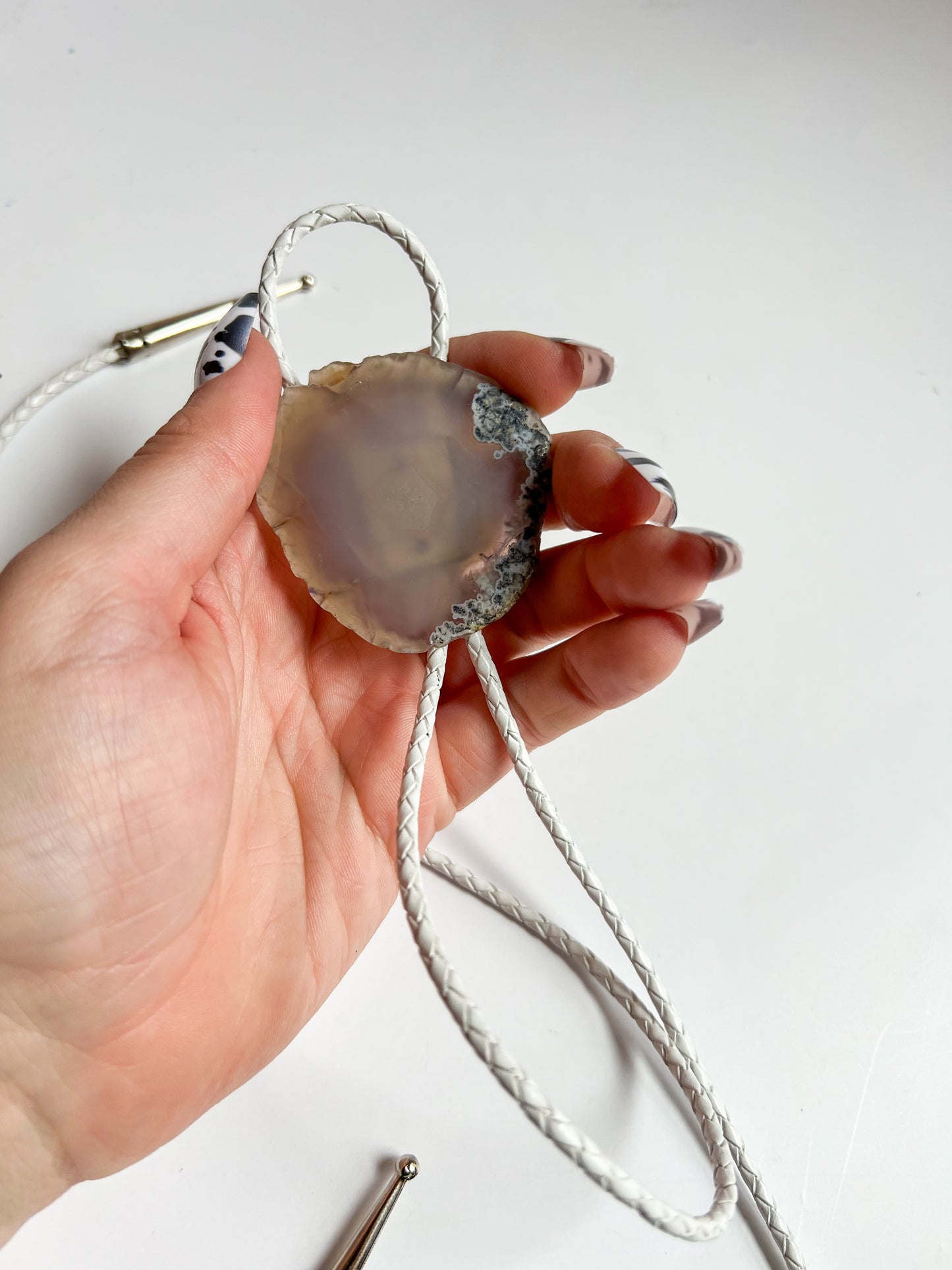 Grey Agate slab Bolo Tie With White Leather Cord and Silver Tone Tips