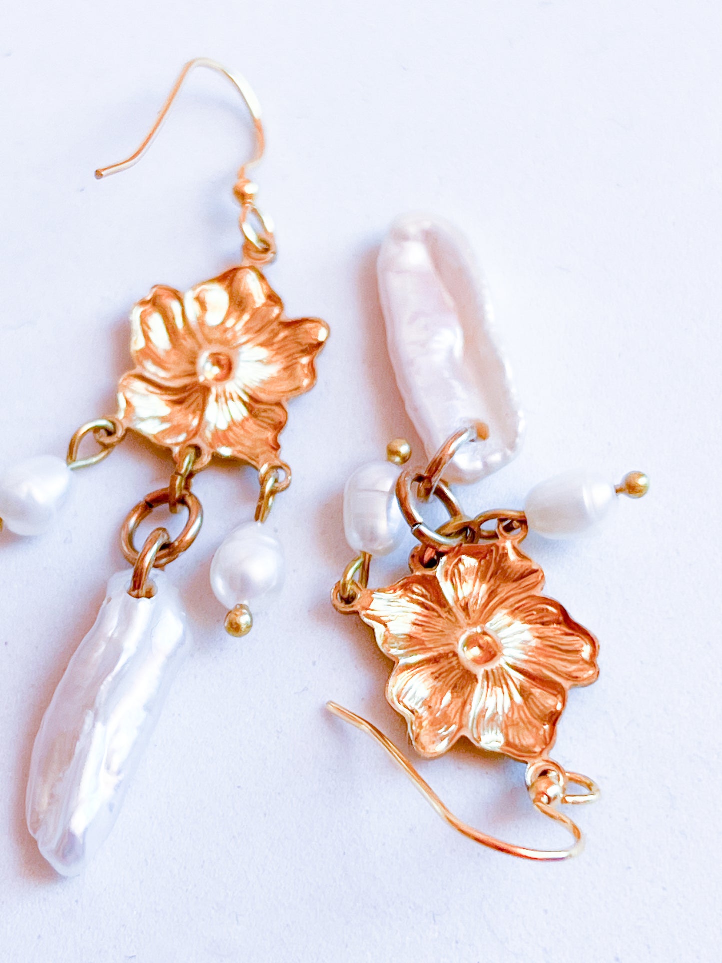 Antique Brass Flower Earrings With Baroque Pearl Fringe