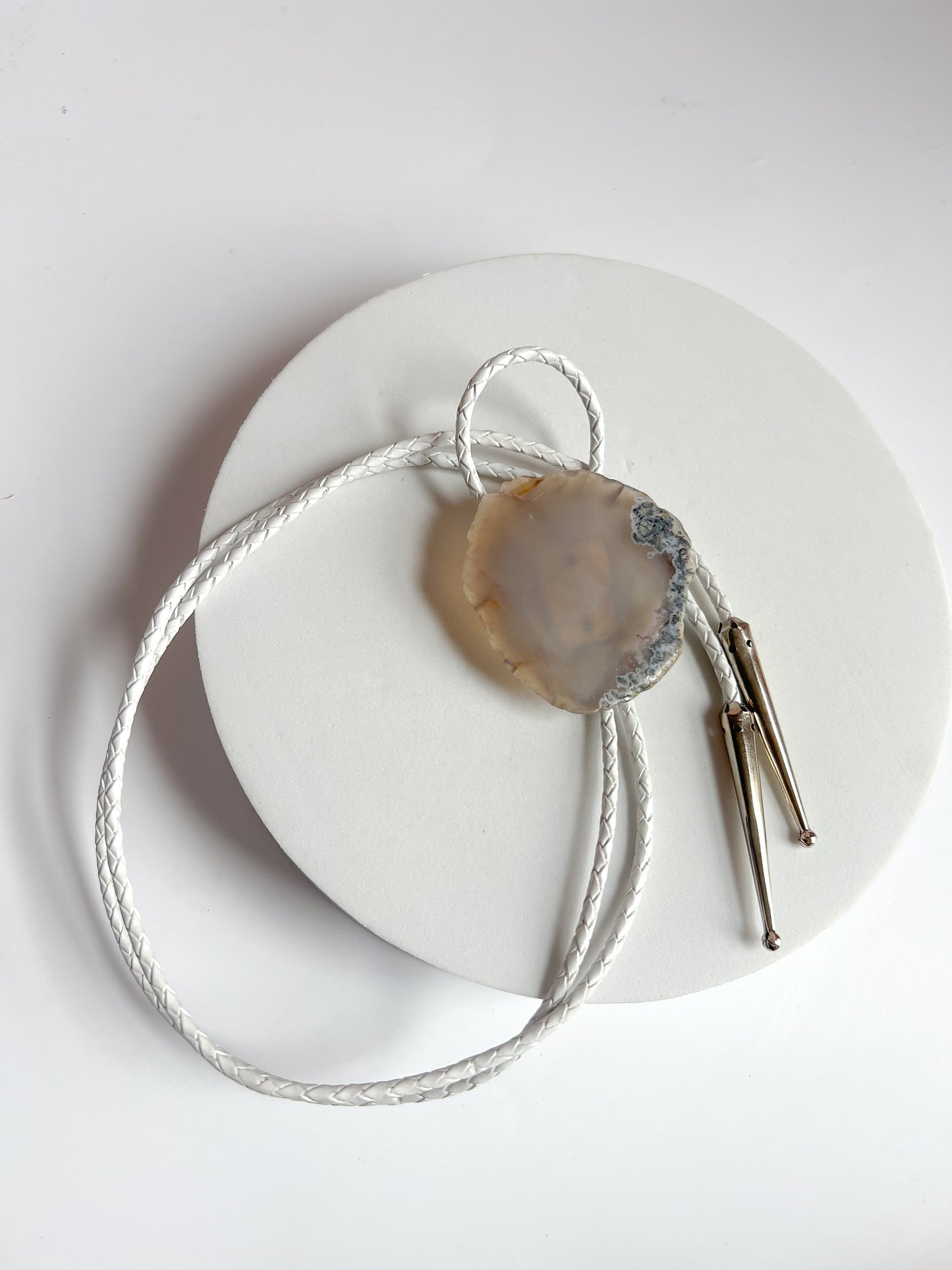 Grey Agate slab Bolo Tie With White Leather Cord and Silver Tone Tips