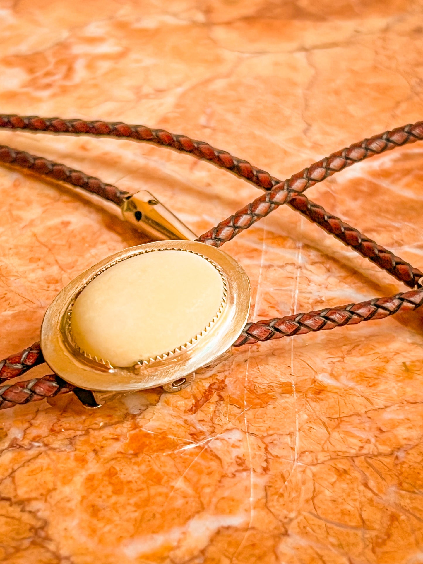 Silver set cream jasper Bolo Tie With Brown Leather Cord
