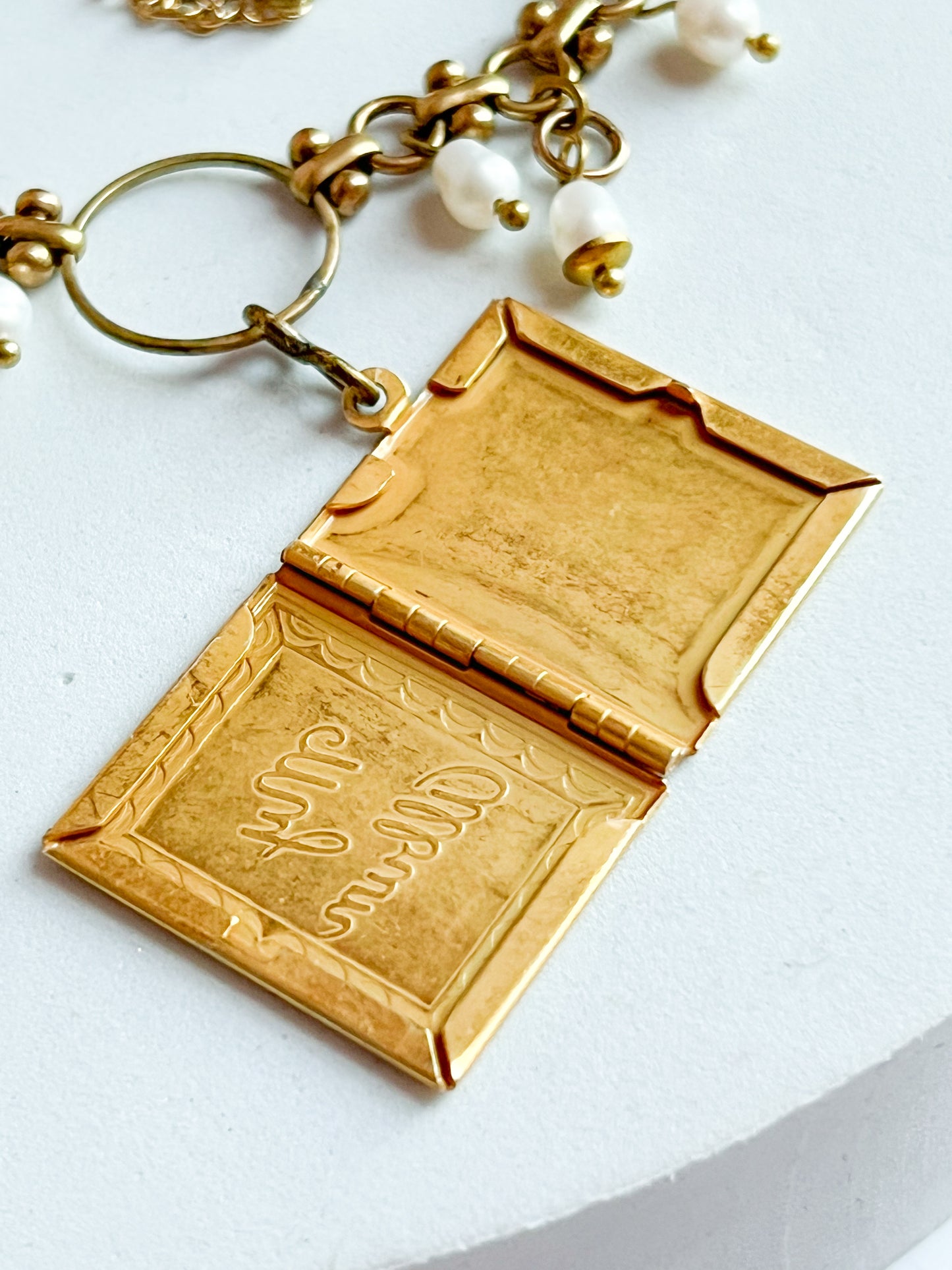 Vintage Deadstock Brass Chain Necklace With 70's "My Album" Photo Locket, Brass Capped White Coin, and Rice Pearl Fringe