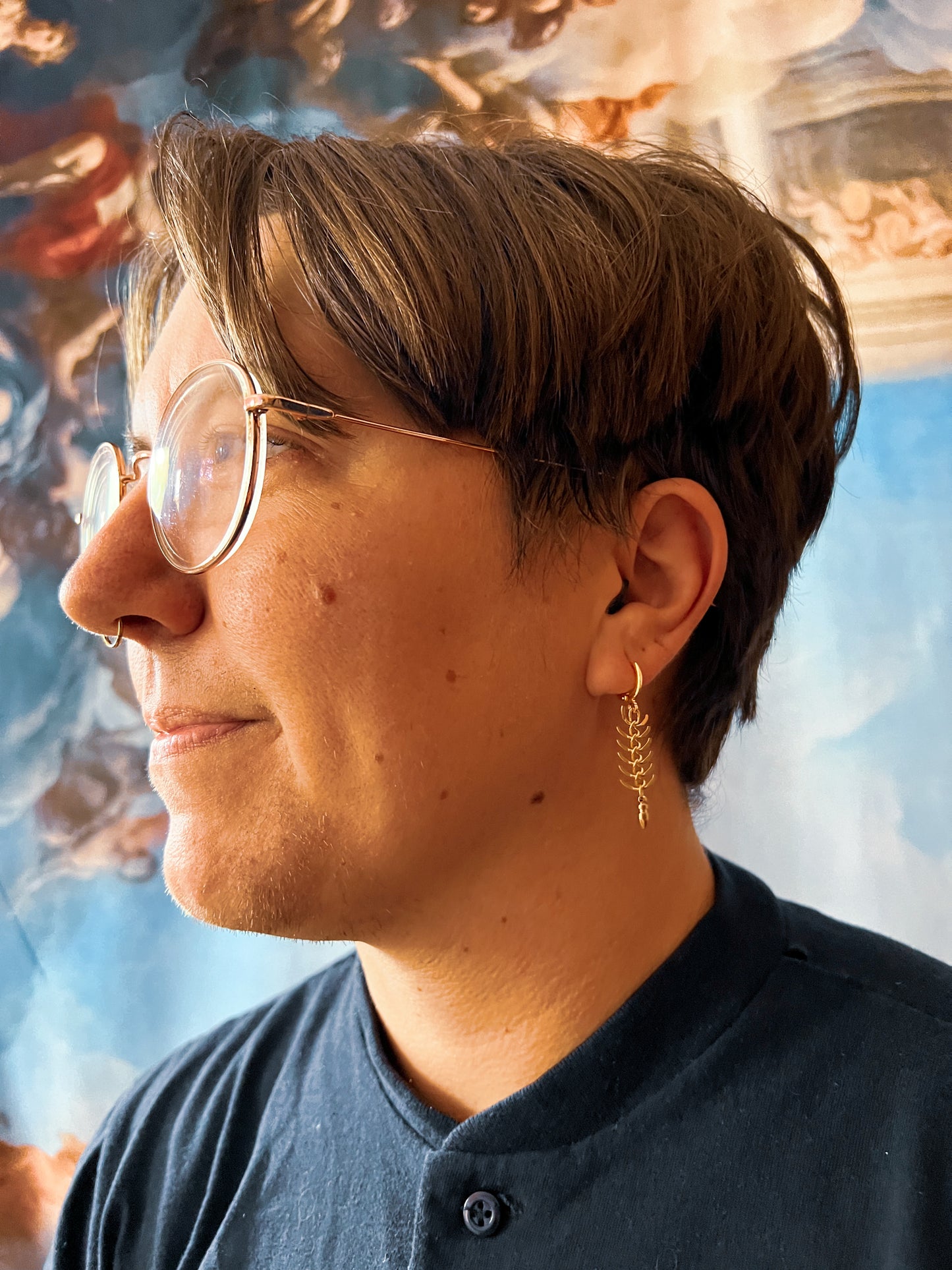 Brass Fishbone Fringe Mini Hoop Earrings with Spike