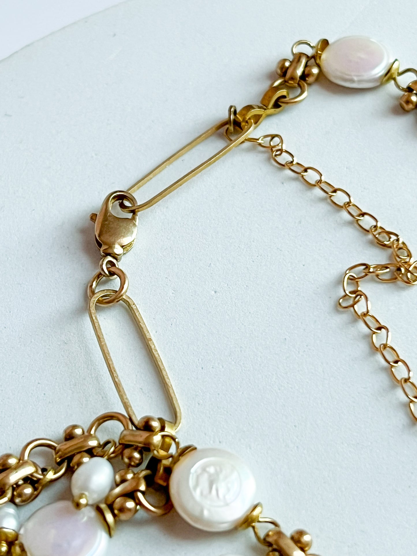 Vintage Deadstock Brass Chain Necklace With 70's "My Album" Photo Locket, Brass Capped White Coin, and Rice Pearl Fringe