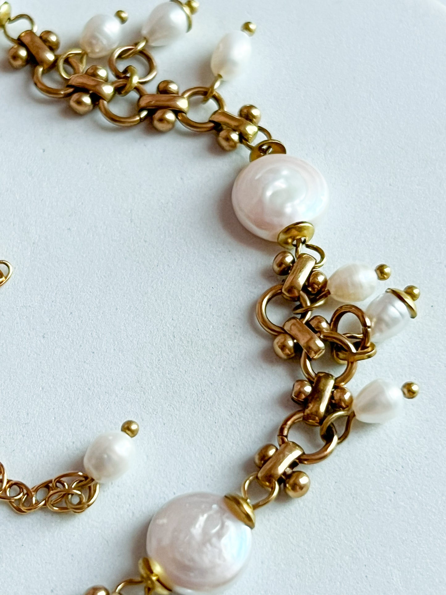 Vintage Deadstock Brass Chain Necklace With 70's "My Album" Photo Locket, Brass Capped White Coin, and Rice Pearl Fringe