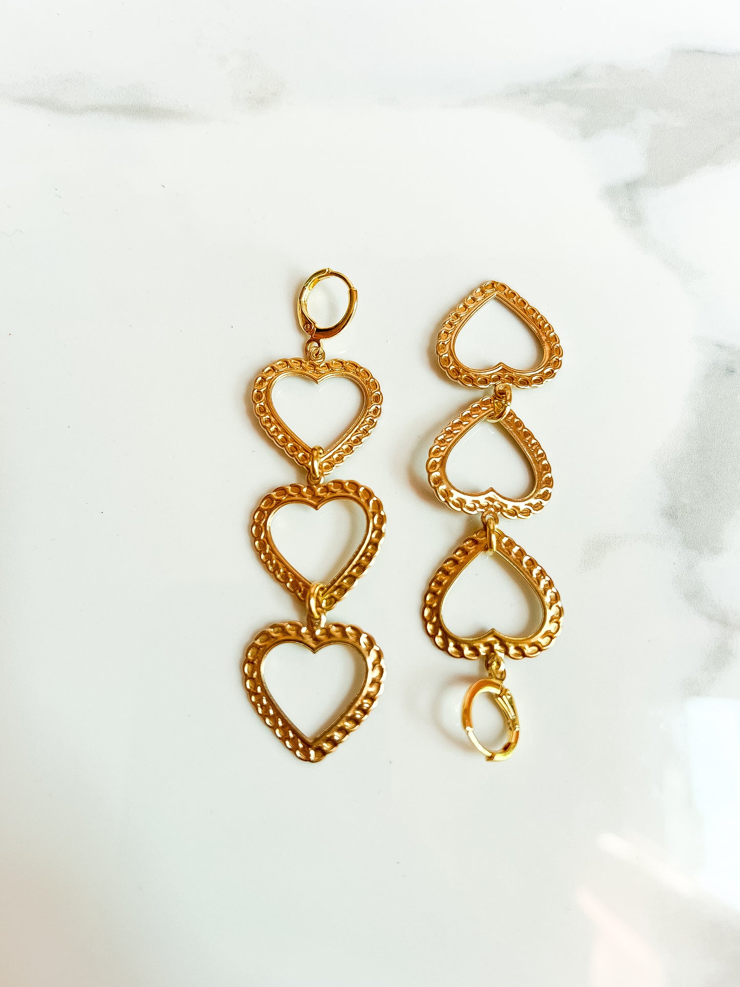 Brass Chain Link Embossed Heart Stack Earrings