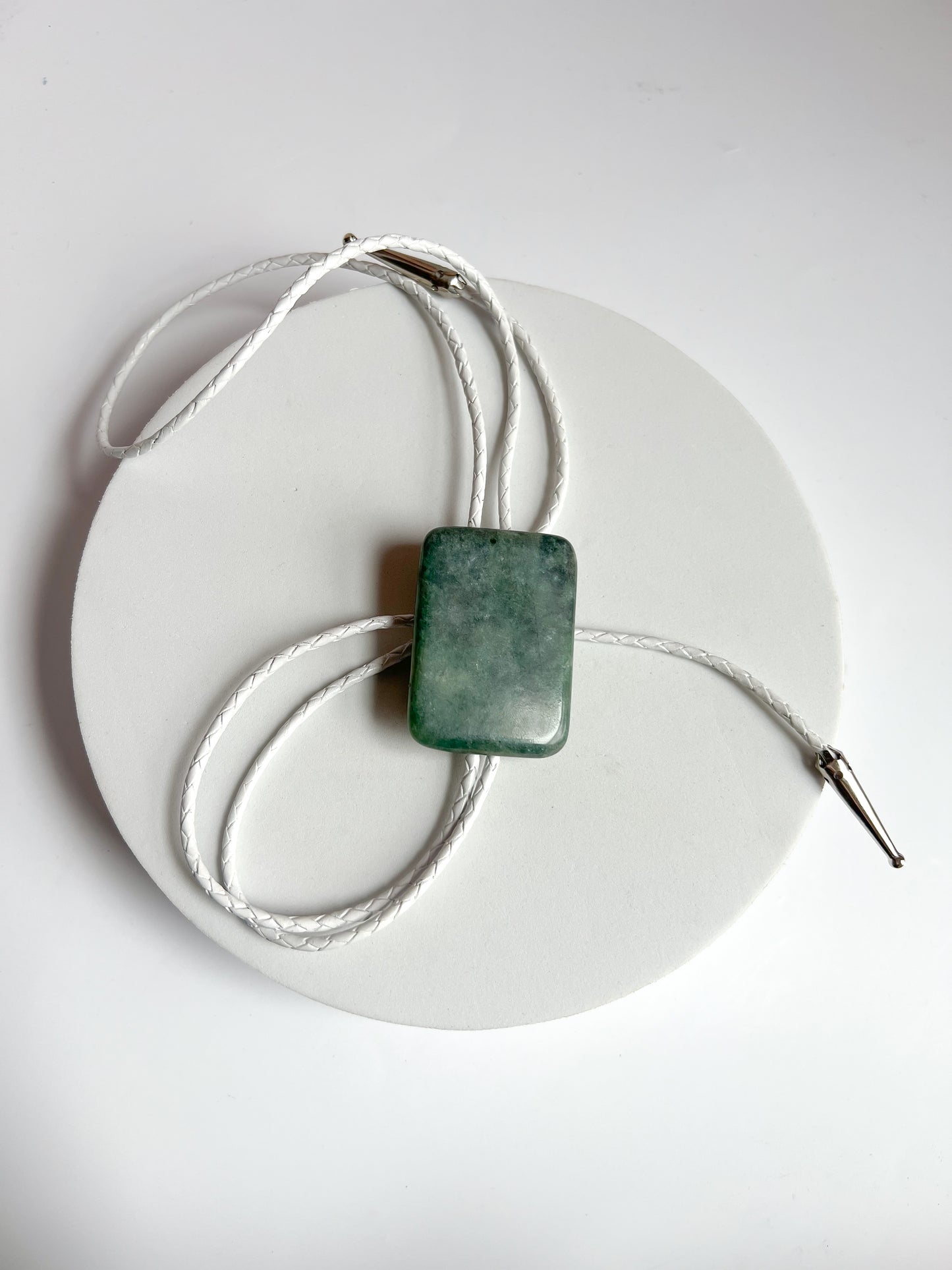 Jade Bolo Tie With White Leather Cord and Silver Tone Tips