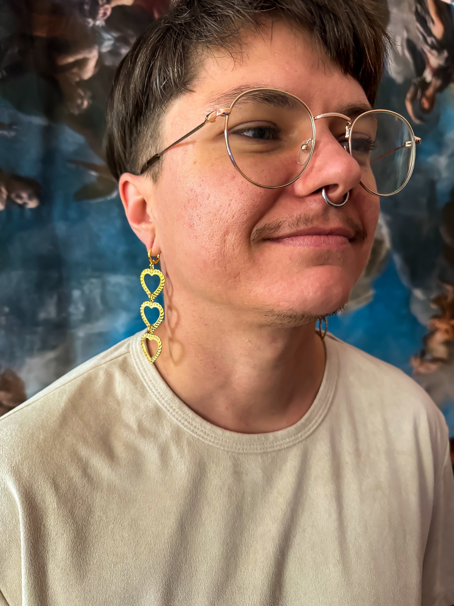 Brass Chain Link Embossed Heart Stack Earrings
