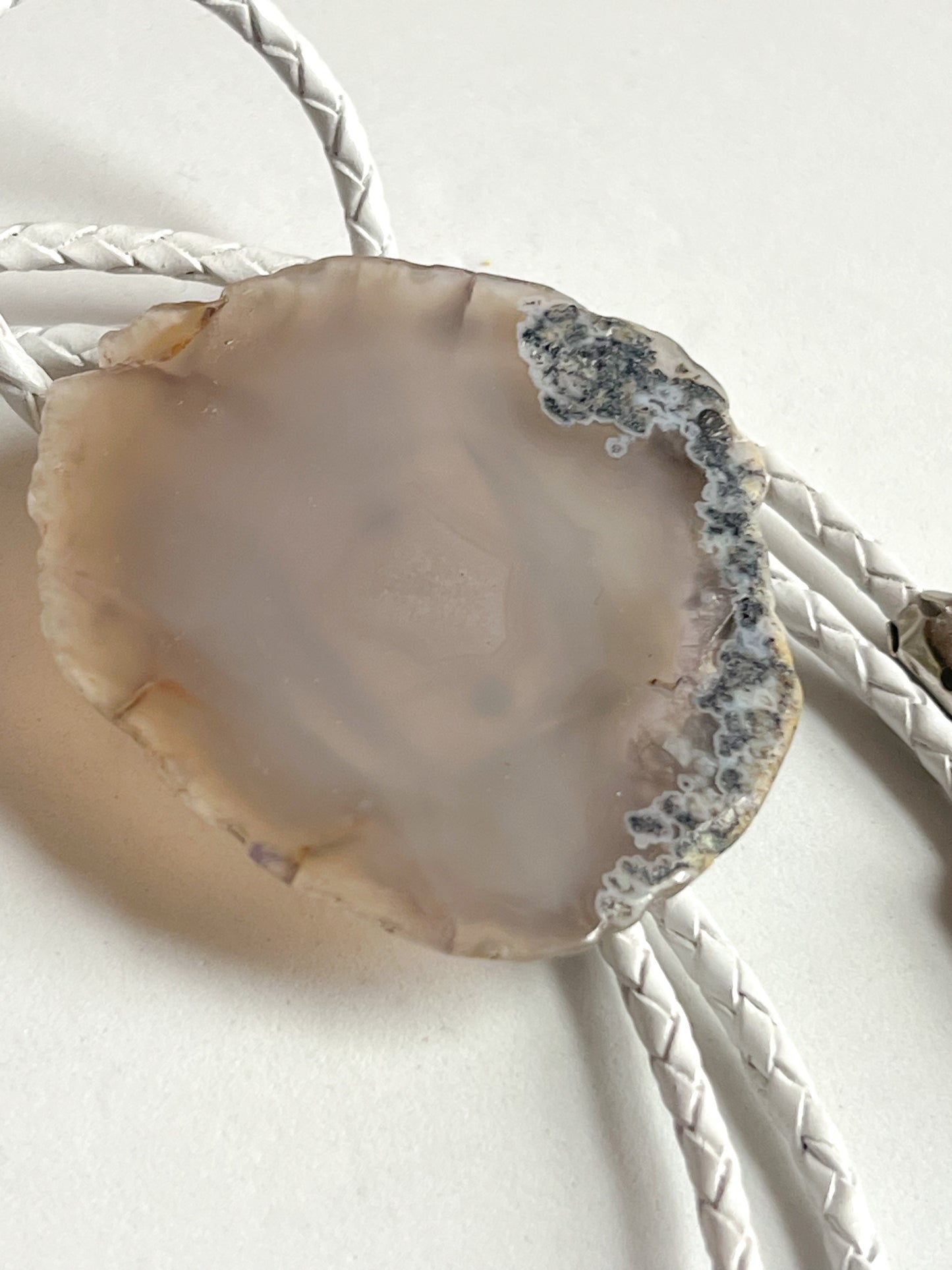 Grey Agate slab Bolo Tie With White Leather Cord and Silver Tone Tips
