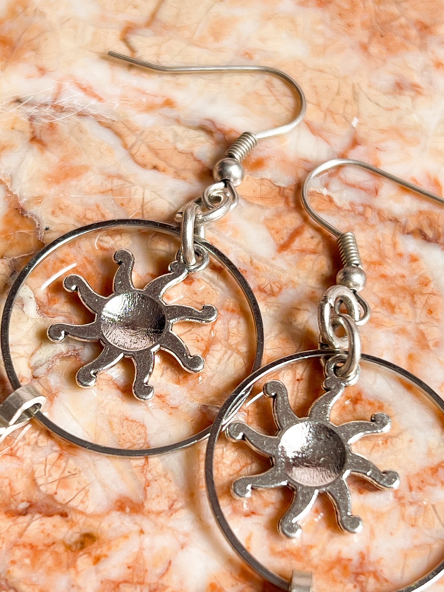 Silver Plated Brass and Vintage Pewter Sun and Spike Earrings