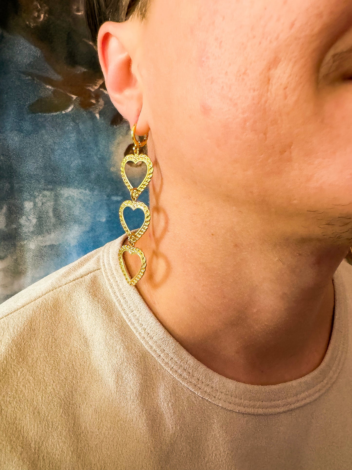 Brass Chain Link Embossed Heart Stack Earrings