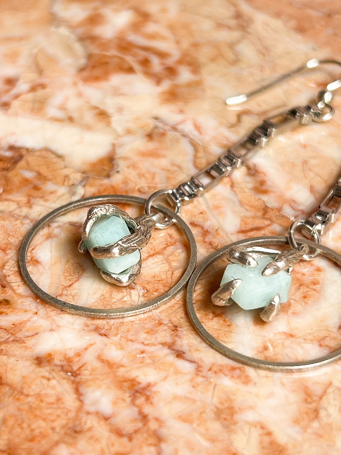 Silver Plated Brass Claw Clasped Amazonite Earrings With Stainless Chain and Sterling Ear Hooks