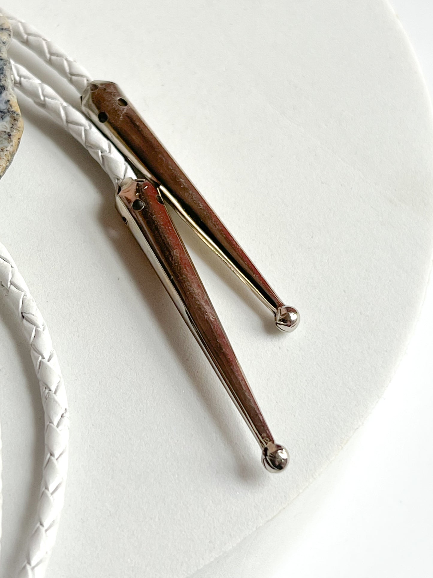 Grey Agate slab Bolo Tie With White Leather Cord and Silver Tone Tips