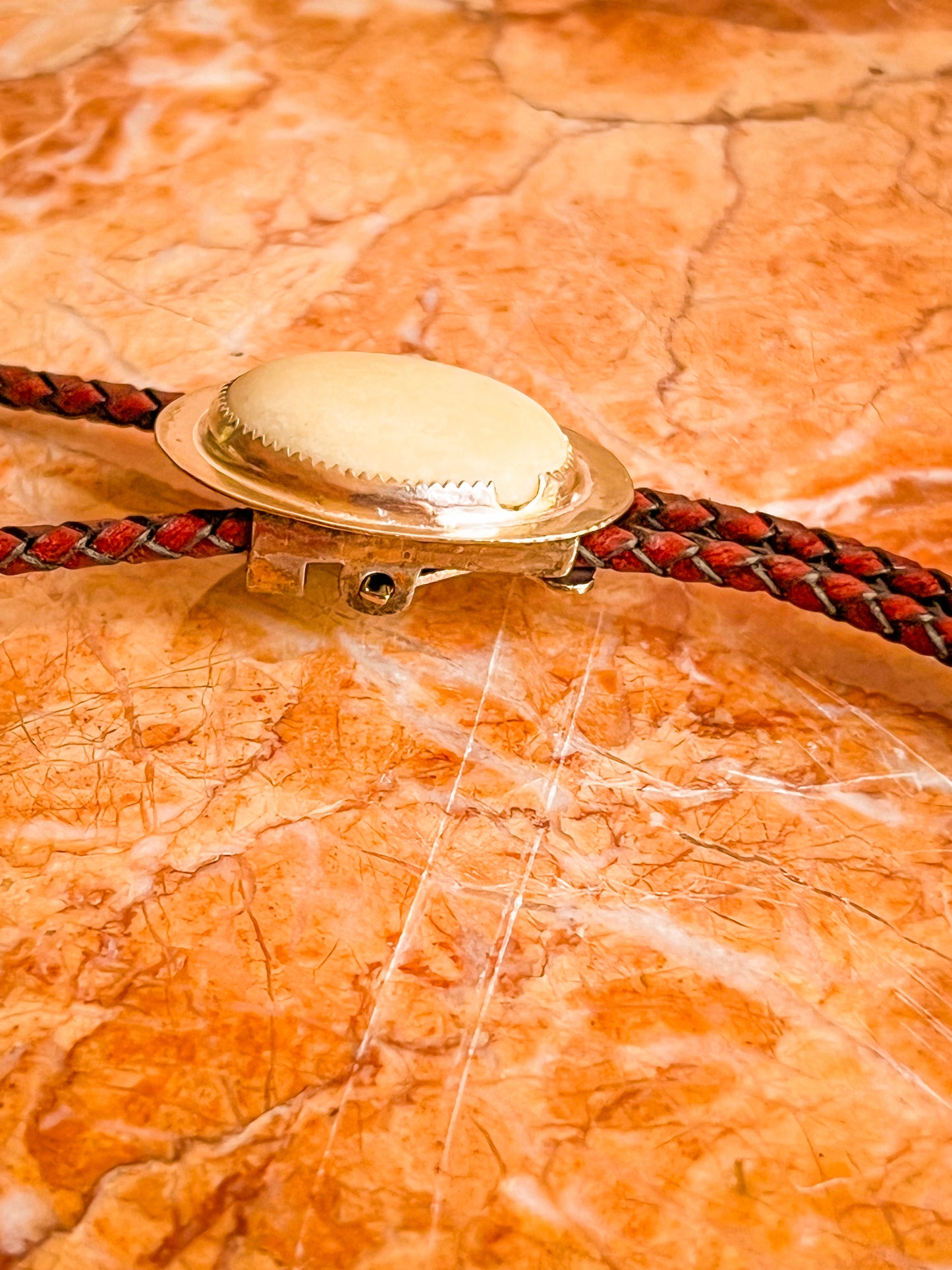 Silver set cream jasper Bolo Tie With Brown Leather Cord