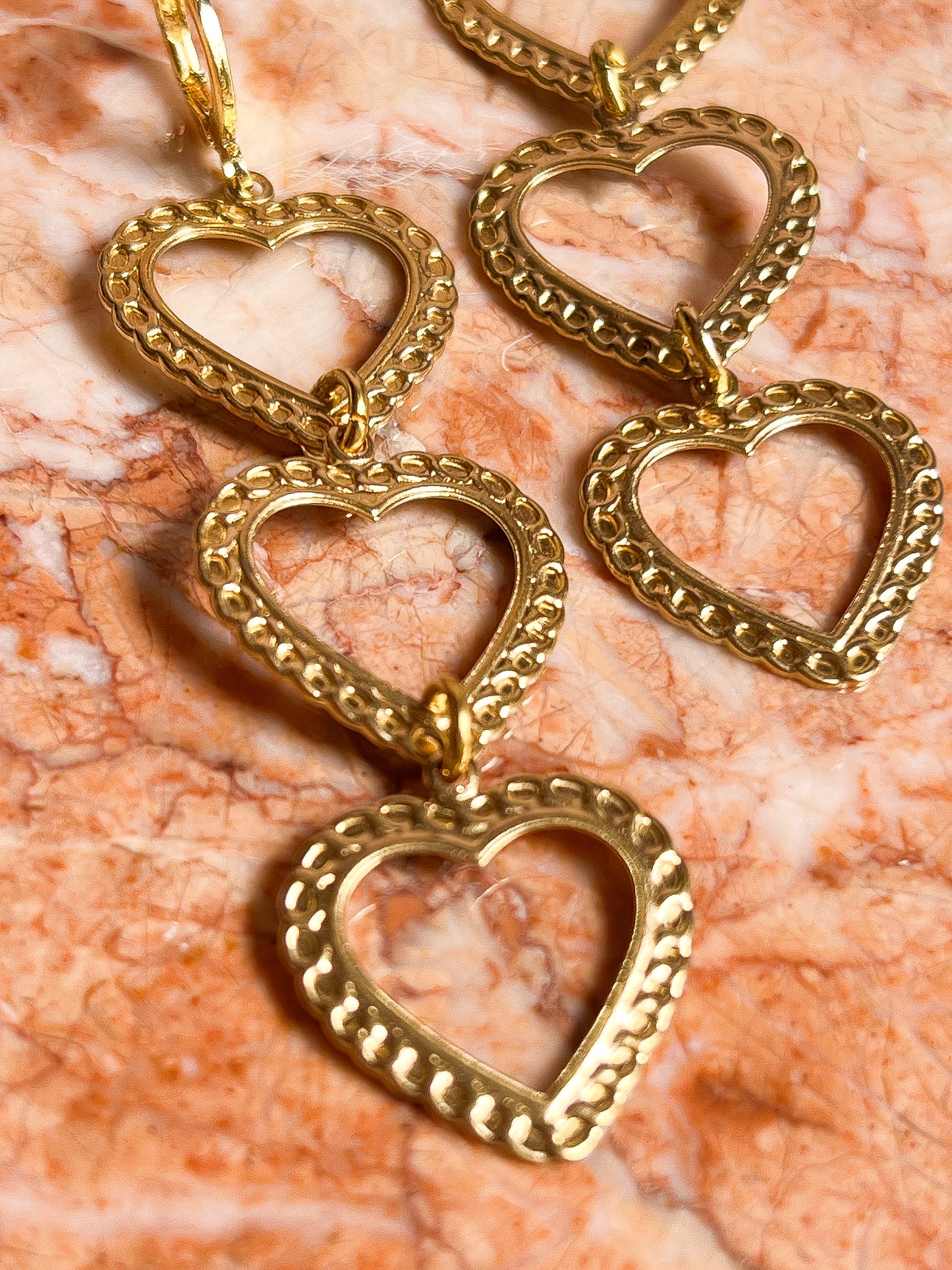 Brass Chain Link Embossed Heart Stack Earrings
