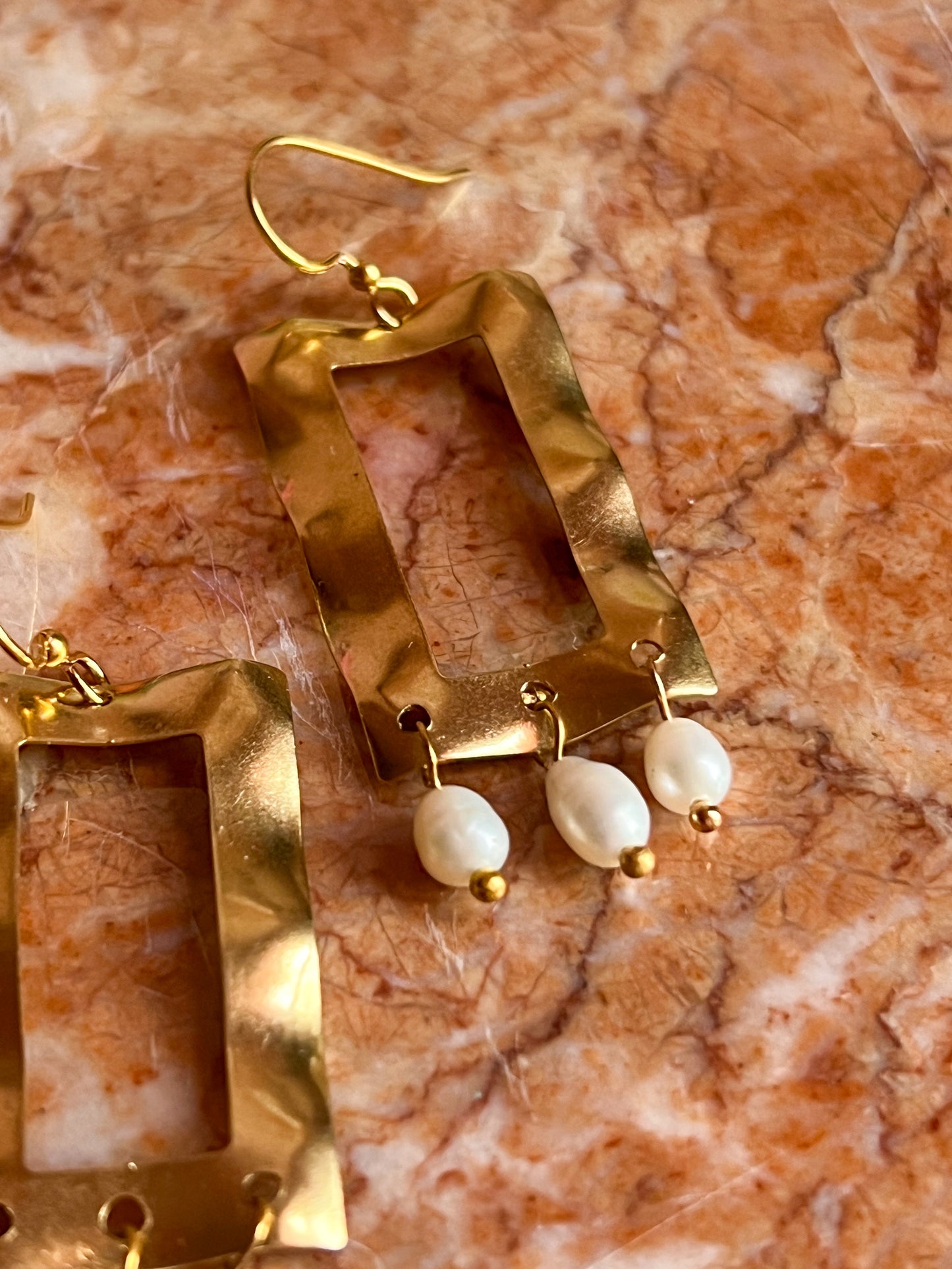 Brass Wiggly Frame Earrings Fringed with Seed Pearls