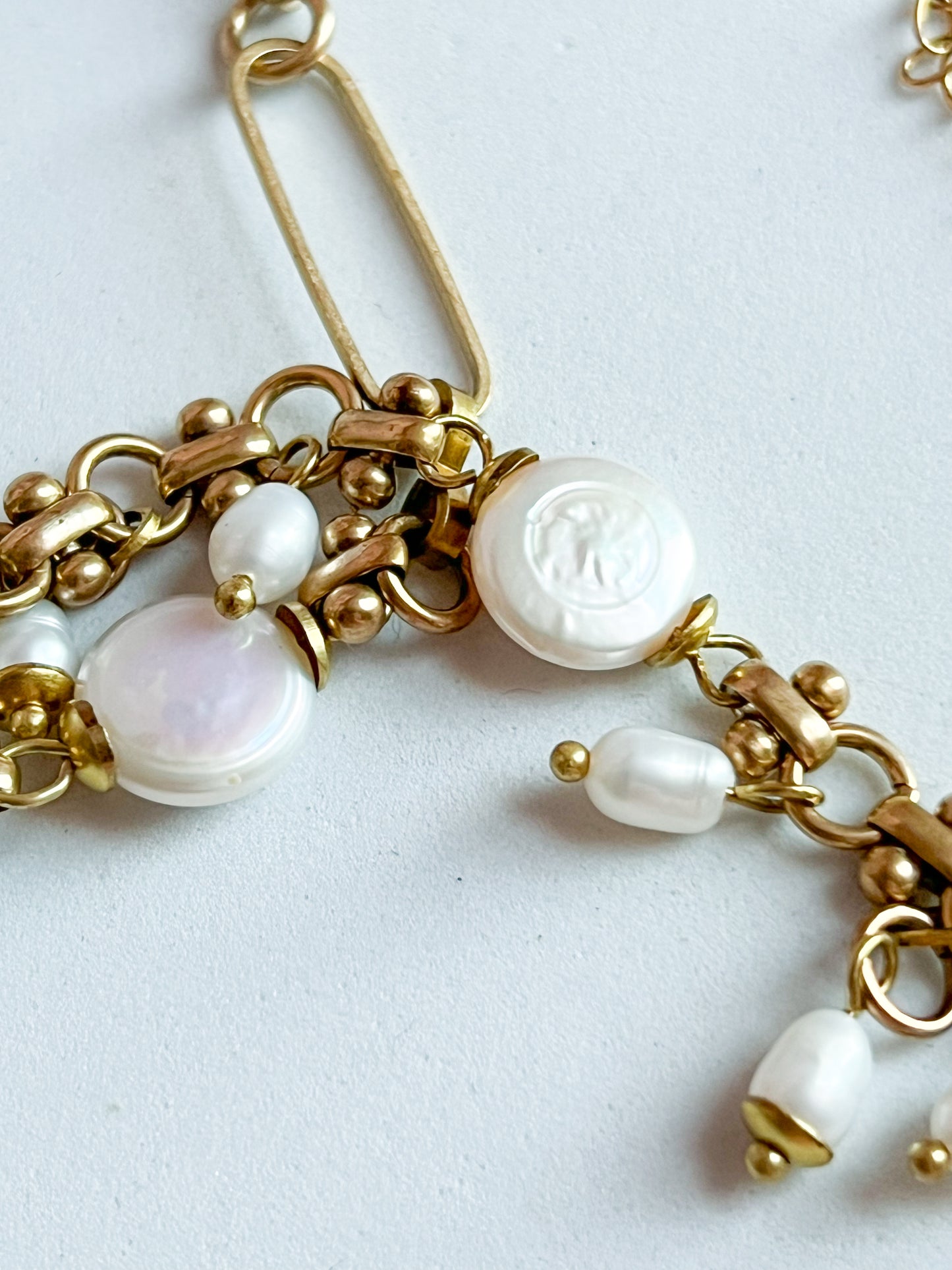 Vintage Deadstock Brass Chain Necklace With 70's "My Album" Photo Locket, Brass Capped White Coin, and Rice Pearl Fringe