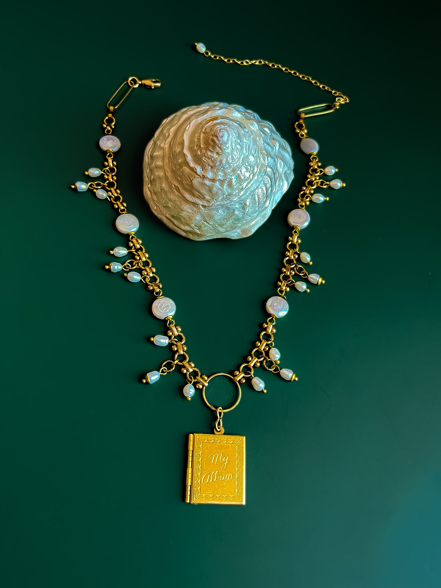 Vintage Deadstock Brass Chain Necklace With 70's "My Album" Photo Locket, Brass Capped White Coin, and Rice Pearl Fringe