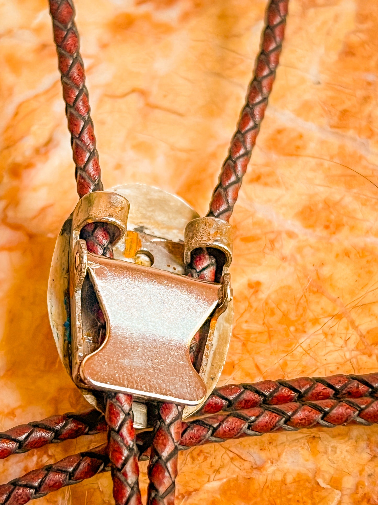 Silver set cream jasper Bolo Tie With Brown Leather Cord