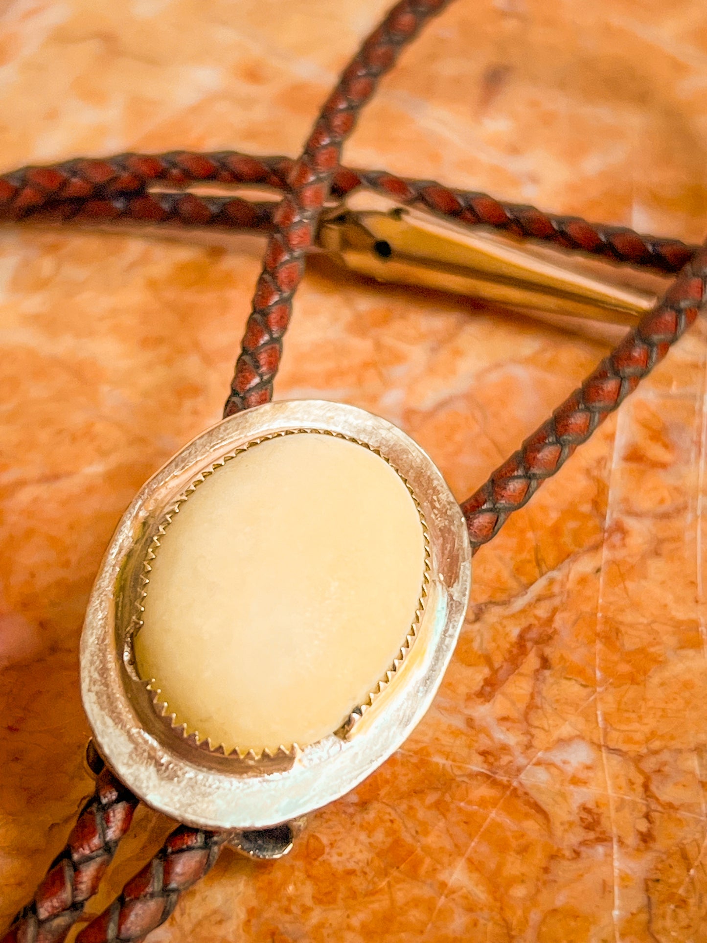 Silver set cream jasper Bolo Tie With Brown Leather Cord