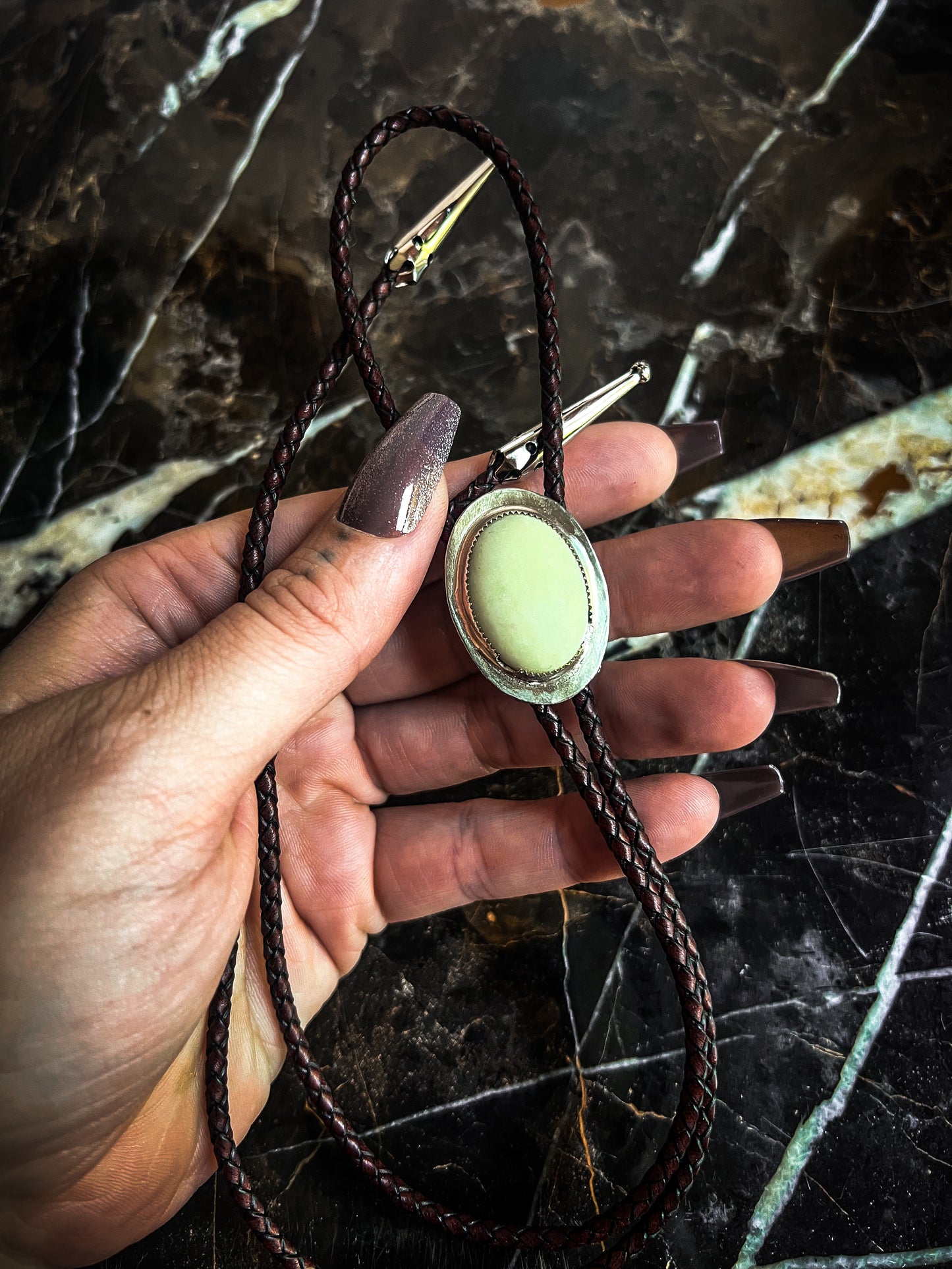 Silver set cream jasper Bolo Tie With Brown Leather Cord