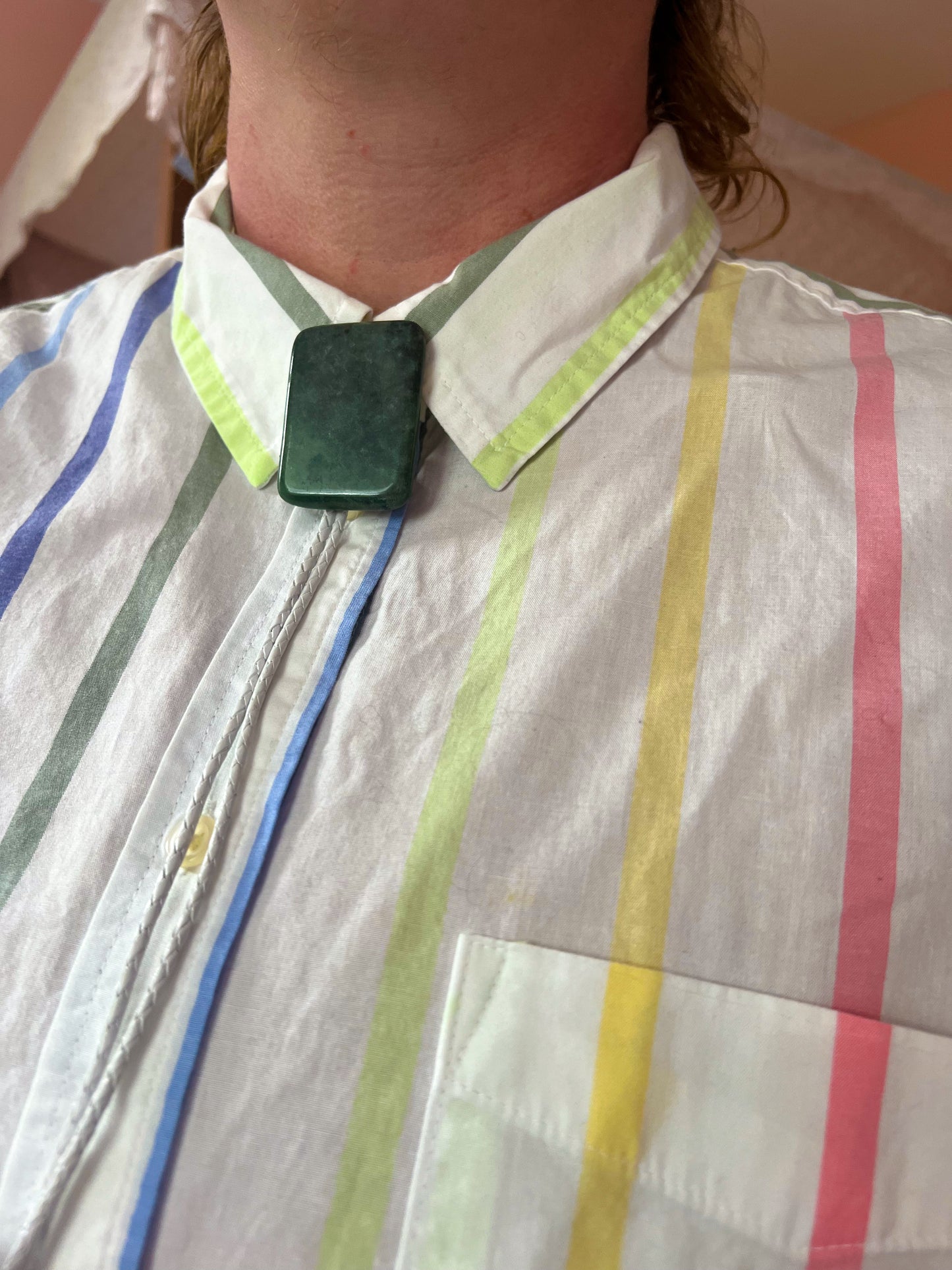 Jade Bolo Tie With White Leather Cord and Silver Tone Tips