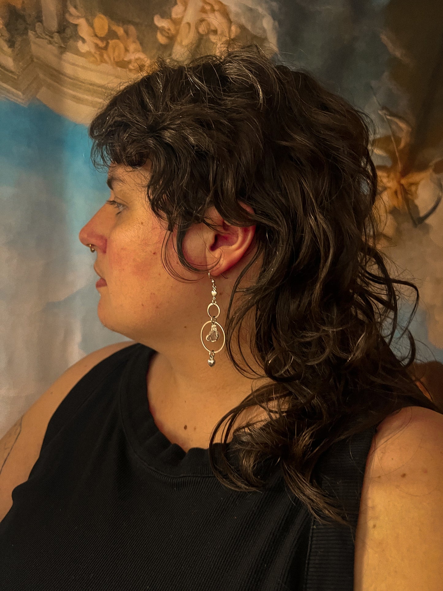 Silver Plated Brass Claw Clasped Rose Quartz Earrings With Vintage Pewter Hearts and Sterling Ear Hooks