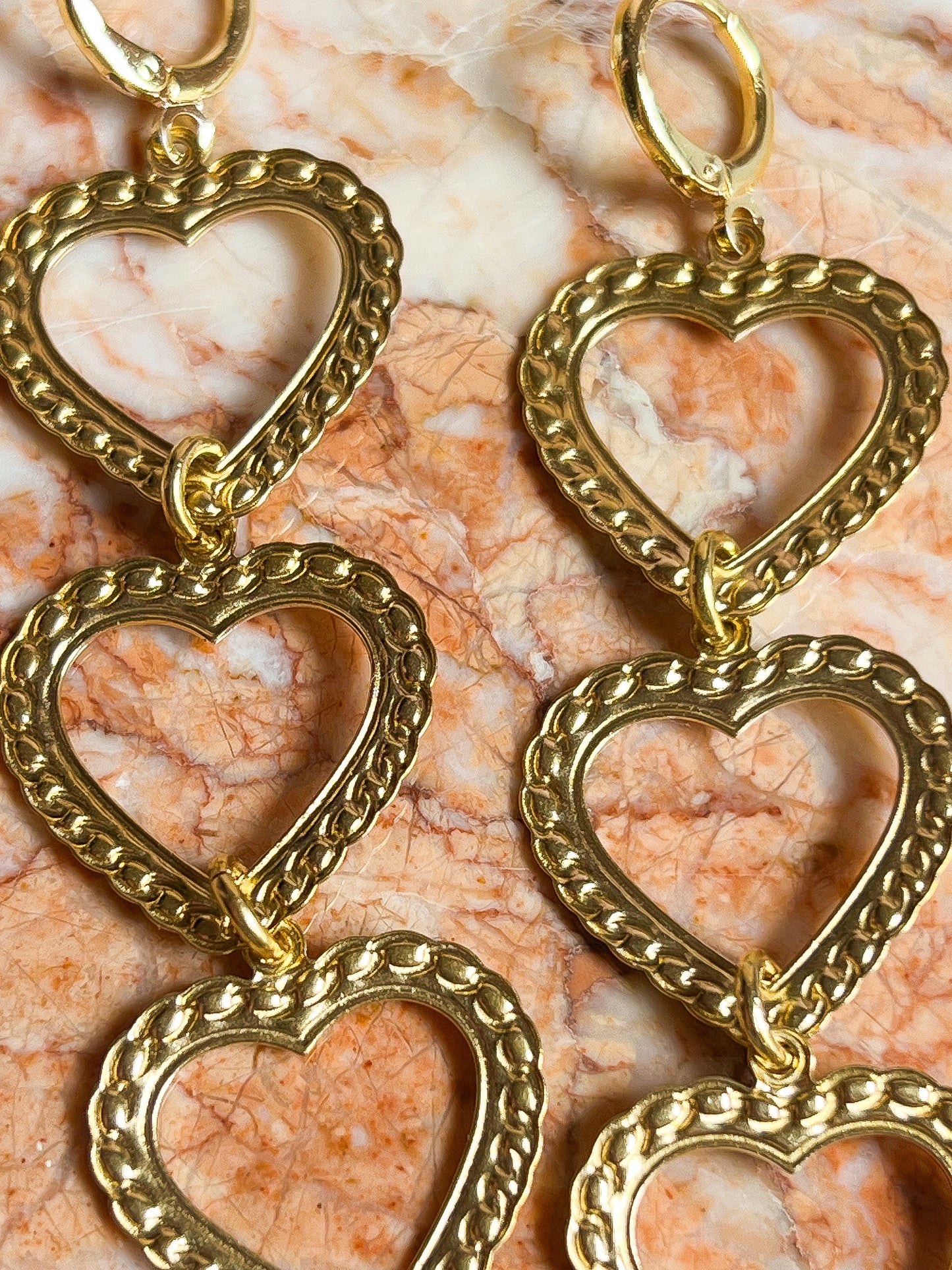 Brass Chain Link Embossed Heart Stack Earrings