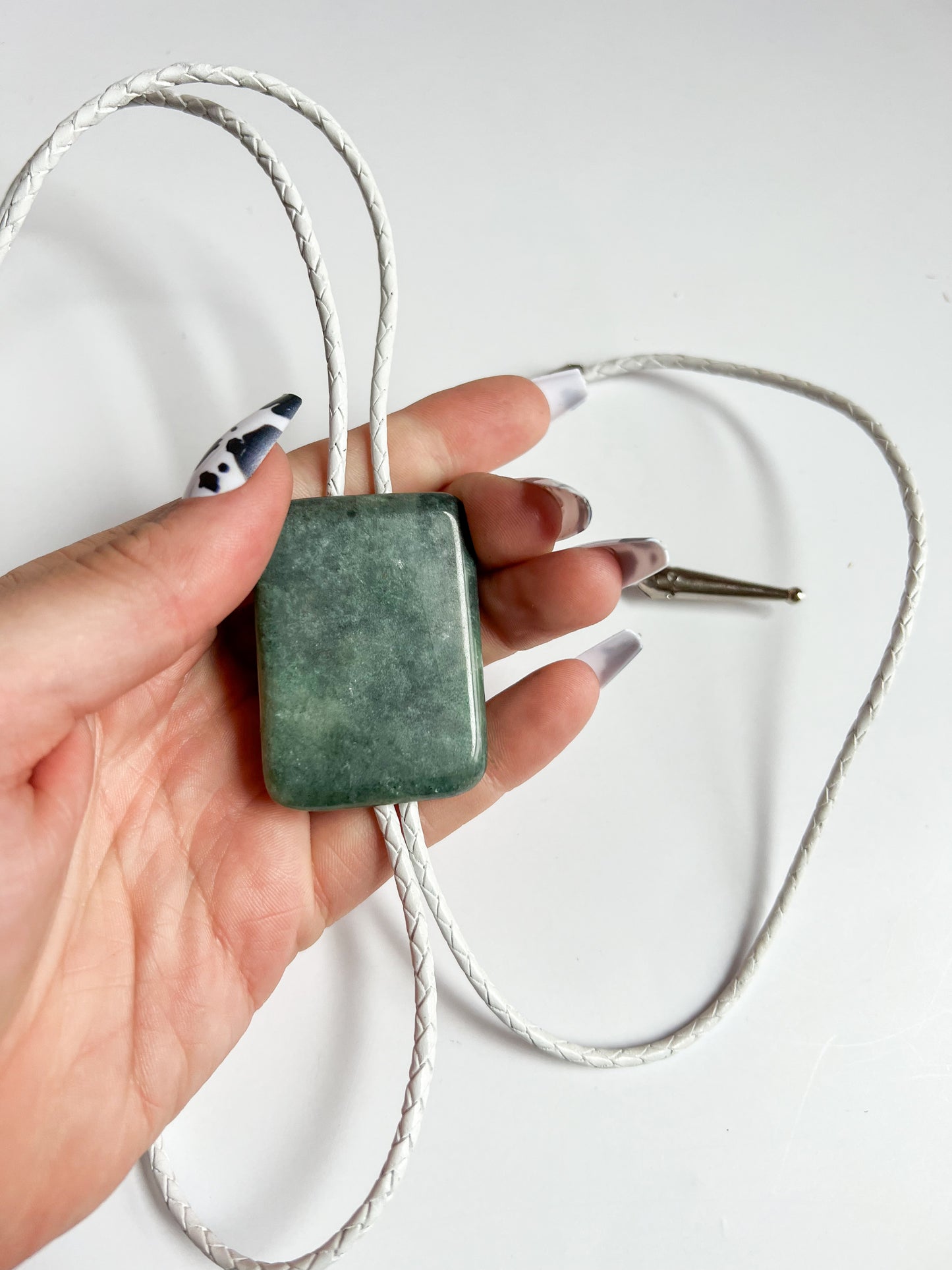Jade Bolo Tie With White Leather Cord and Silver Tone Tips