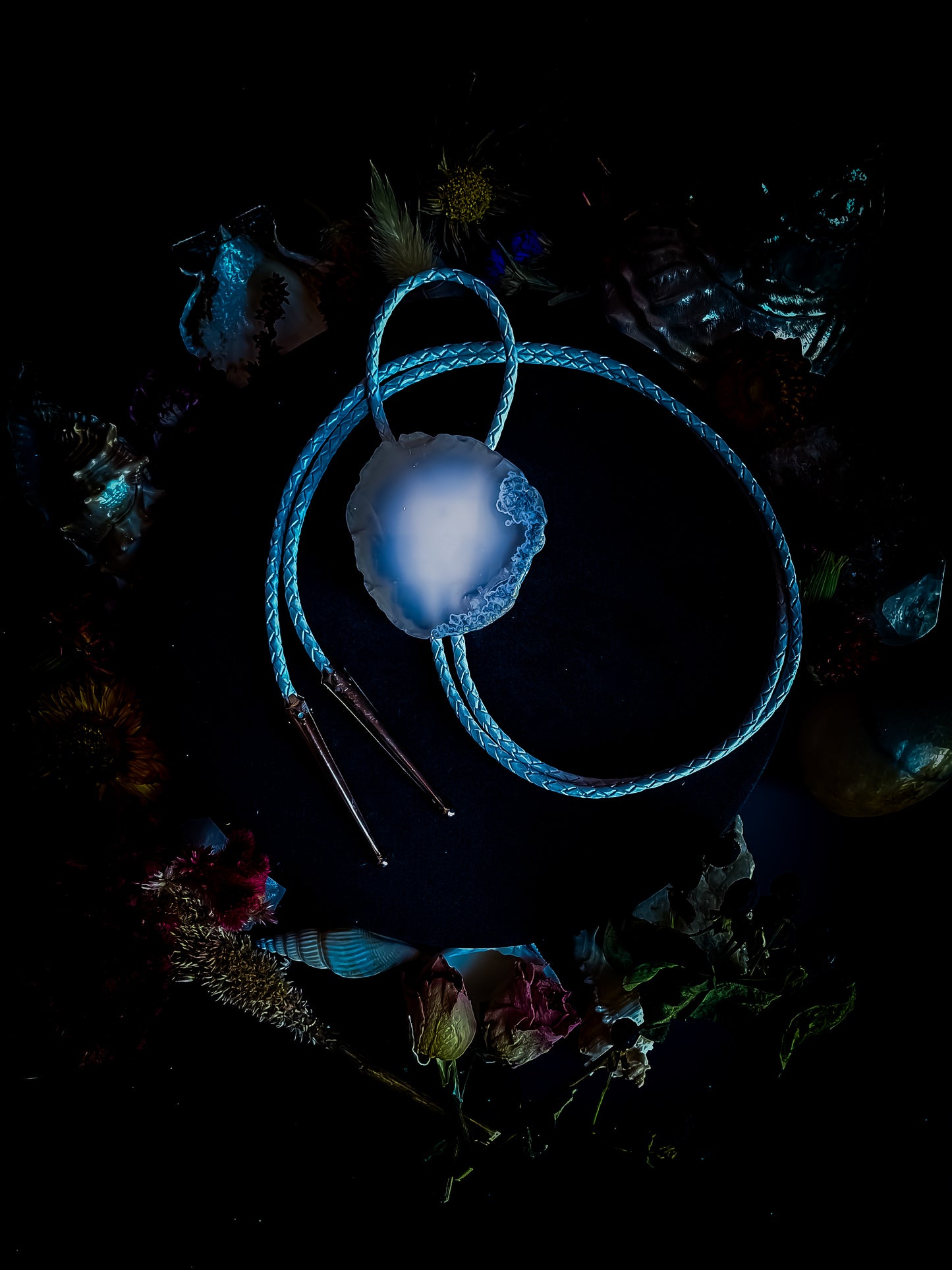 Grey Agate slab Bolo Tie With White Leather Cord and Silver Tone Tips