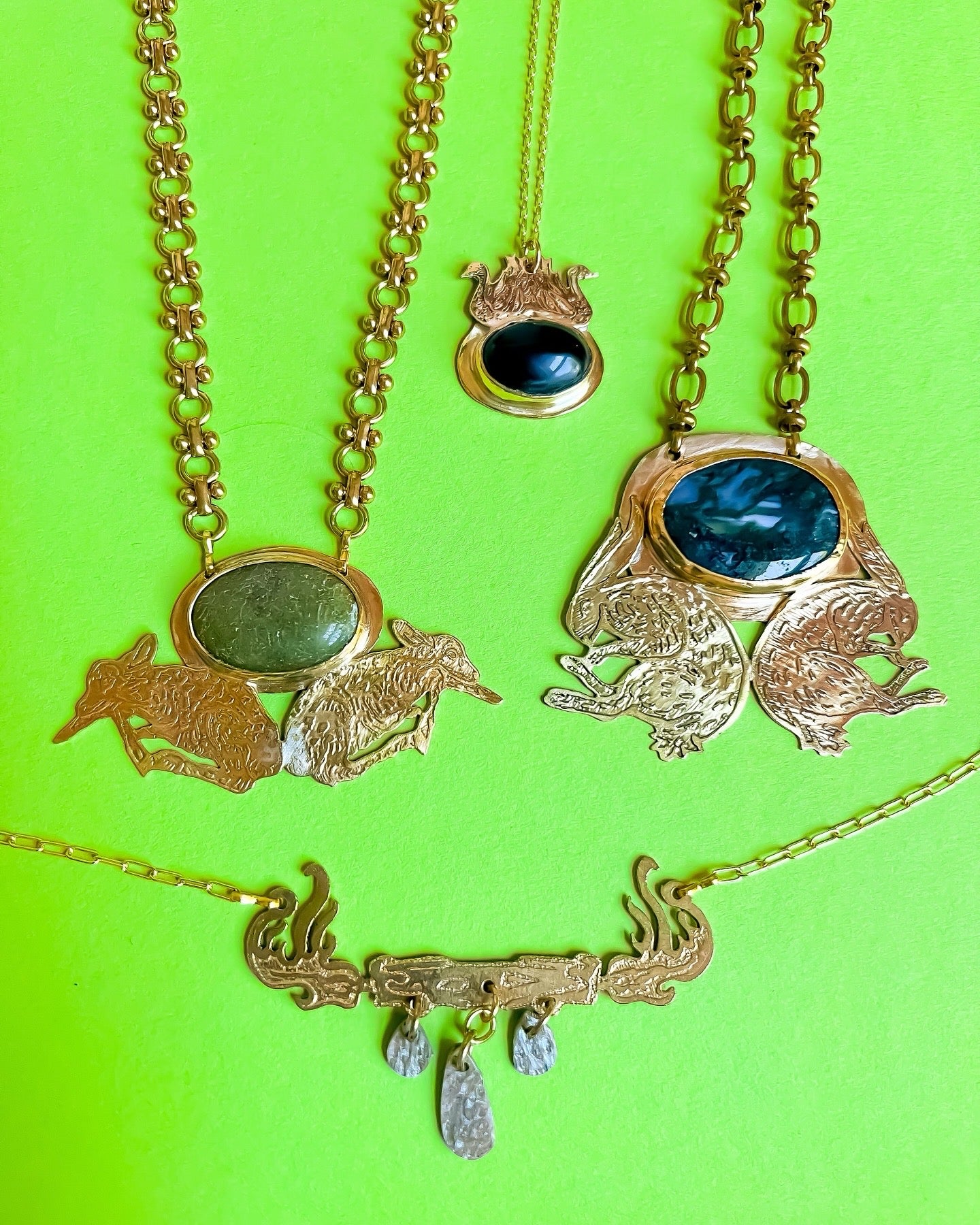 Etched Brass Twin Fawn and Serpentine Chestplate with vintage deadstock chain