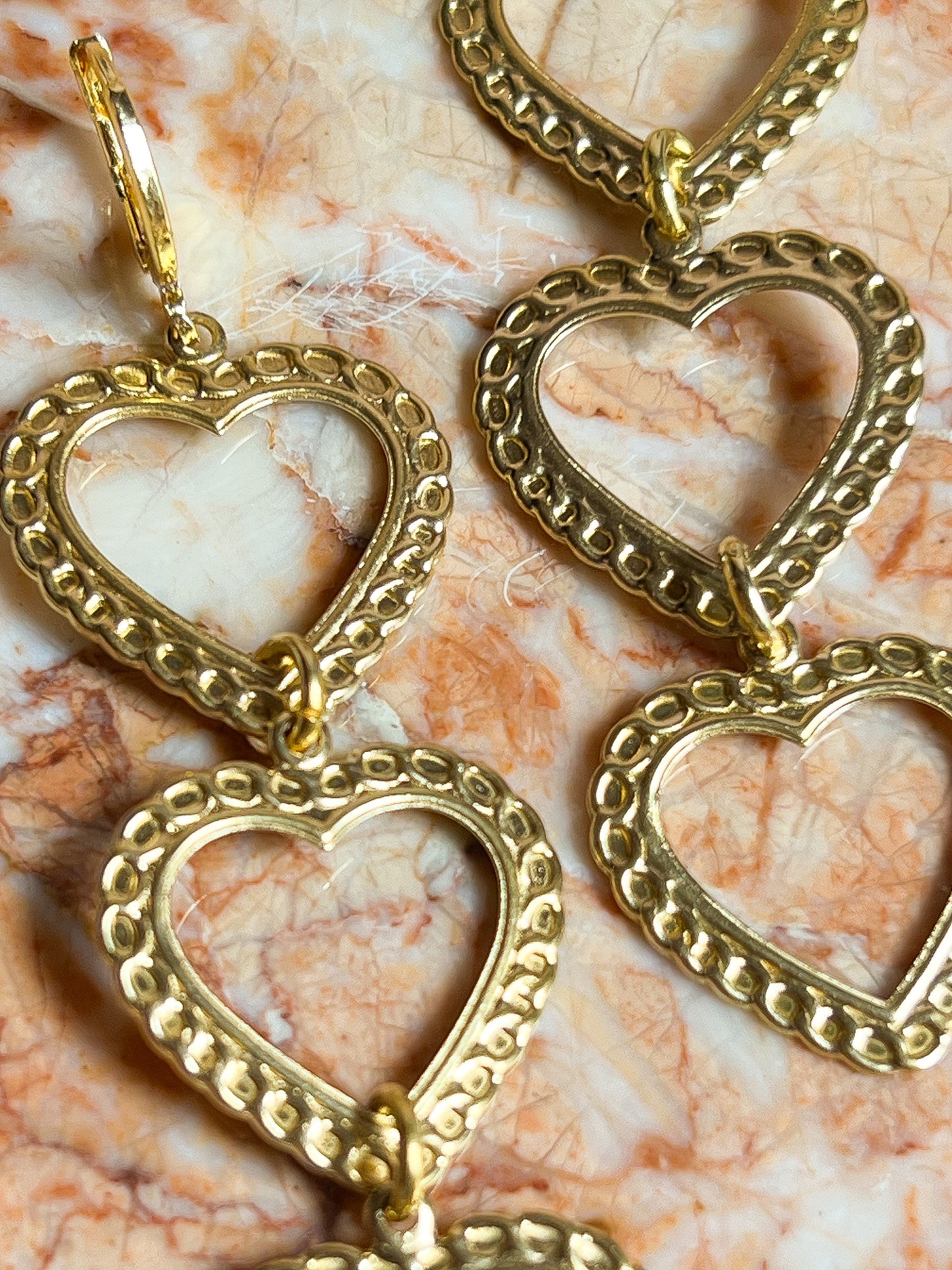 Brass Chain Link Embossed Heart Stack Earrings