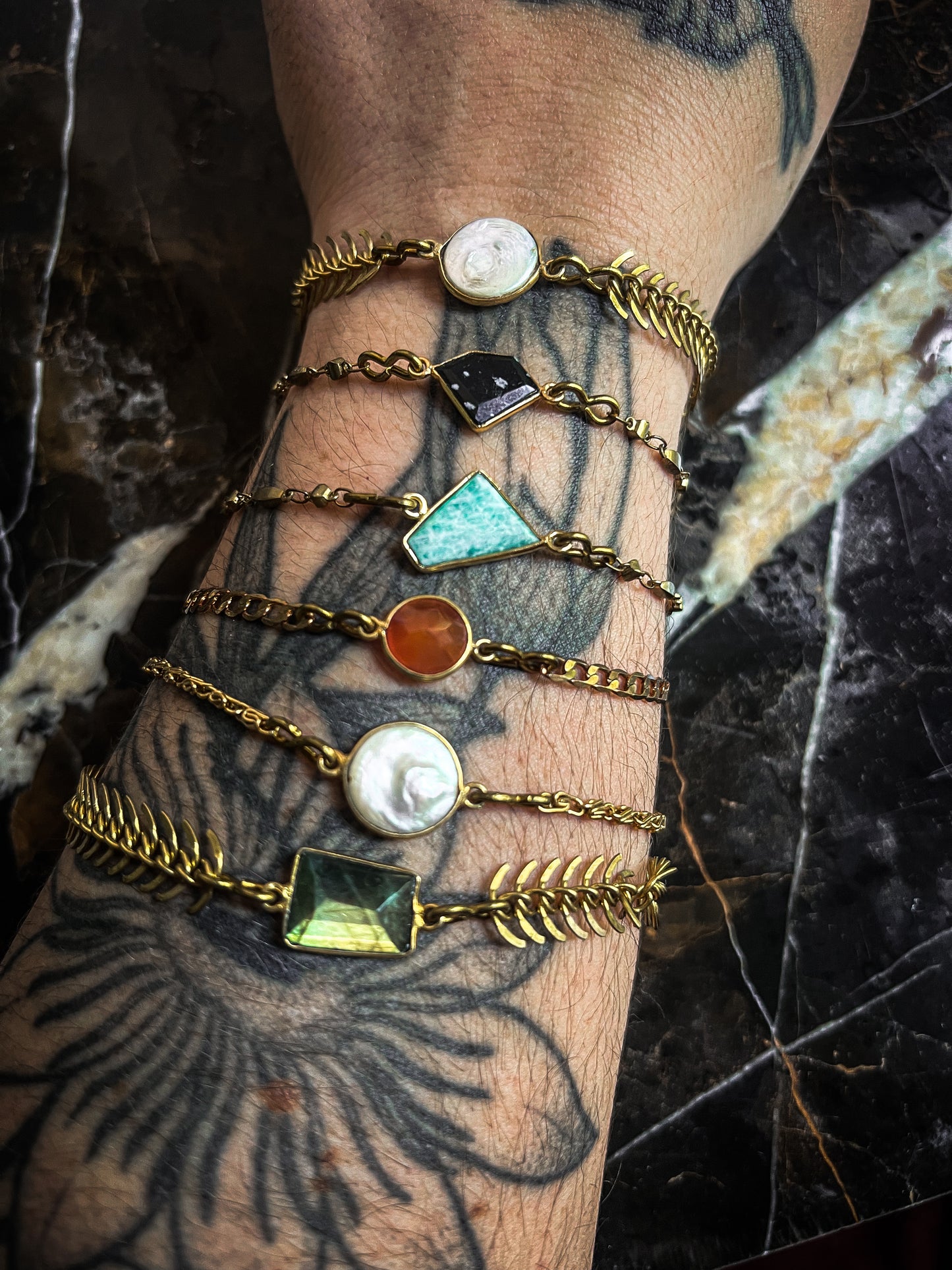 Vintage brass chain adjustable anklets with pearl or stone