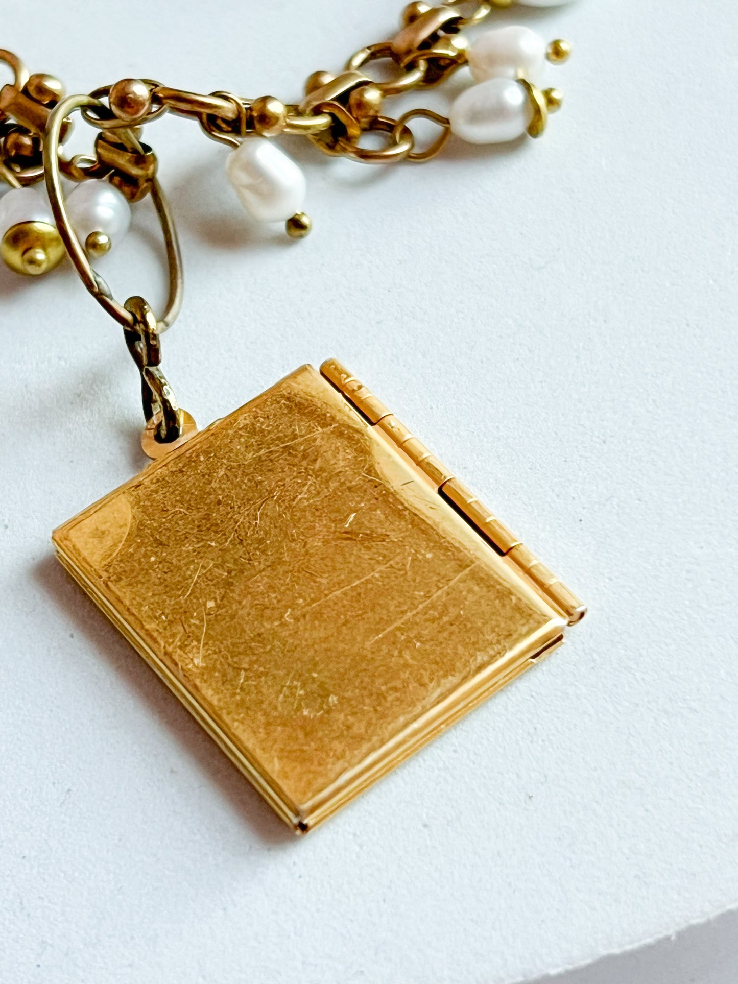 Vintage Deadstock Brass Chain Necklace With 70's "My Album" Photo Locket, Brass Capped White Coin, and Rice Pearl Fringe
