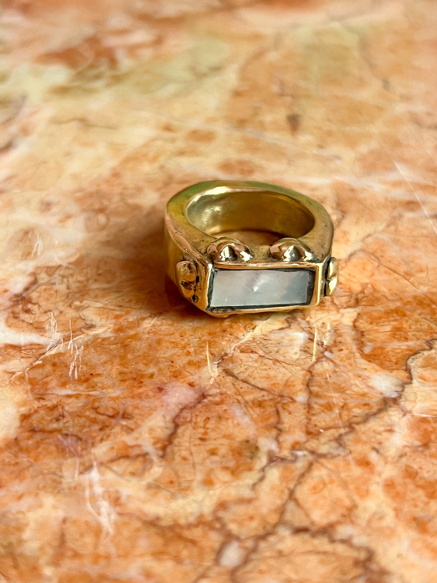 Brass Hollow Formed Ring with Vintage Heart Details and Inlaid Mother of Pearl