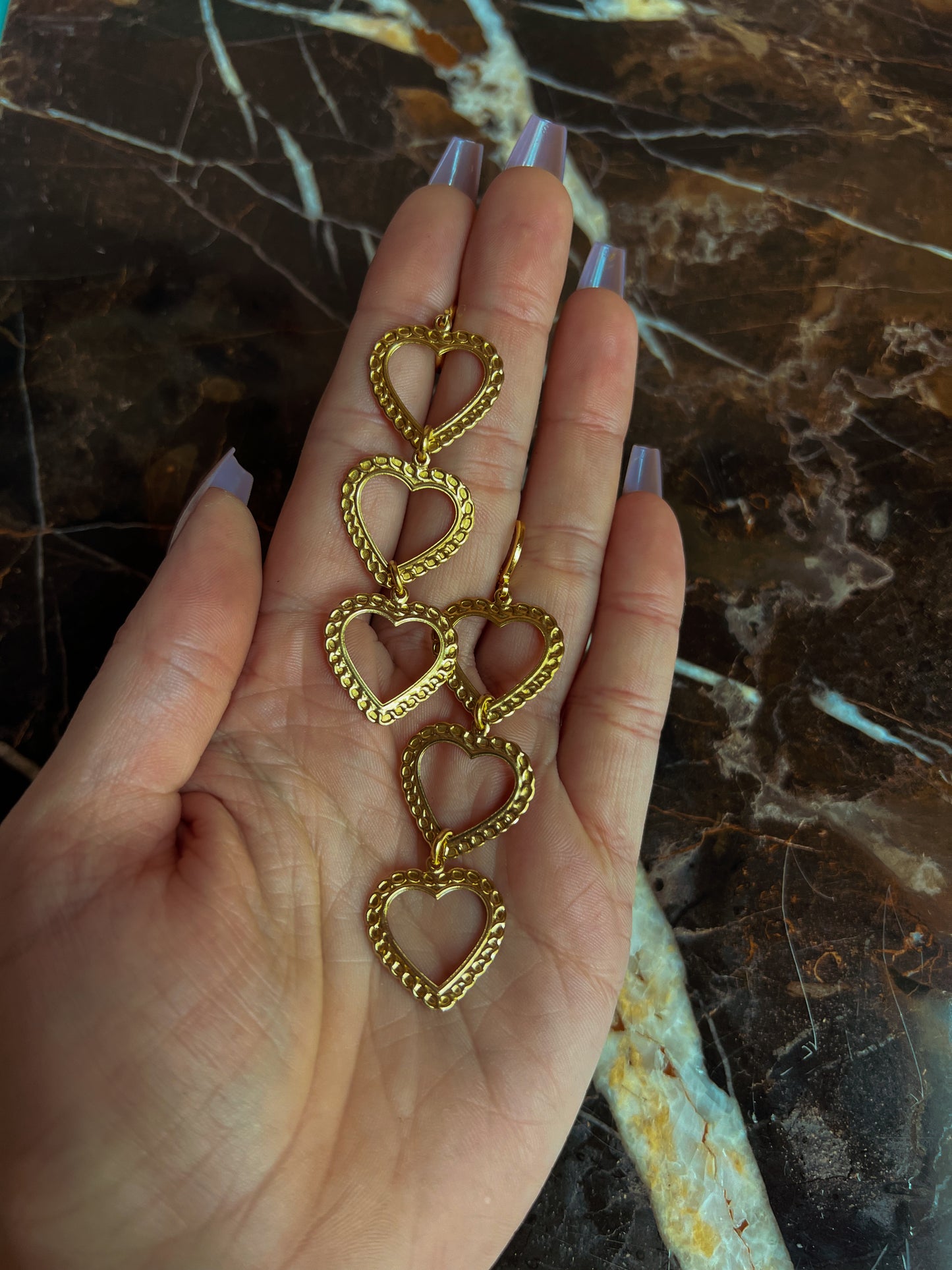 Brass Chain Link Embossed Heart Stack Earrings