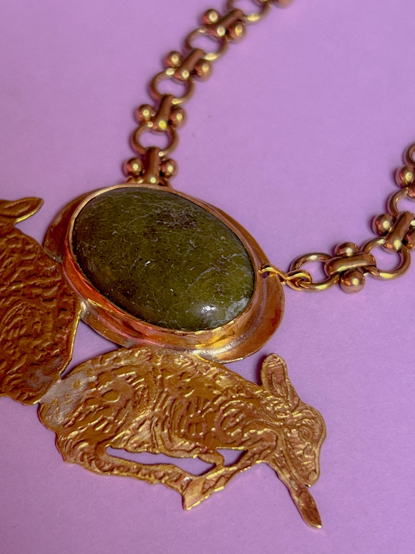 Etched Brass Twin Fawn and Serpentine Chestplate with vintage deadstock chain