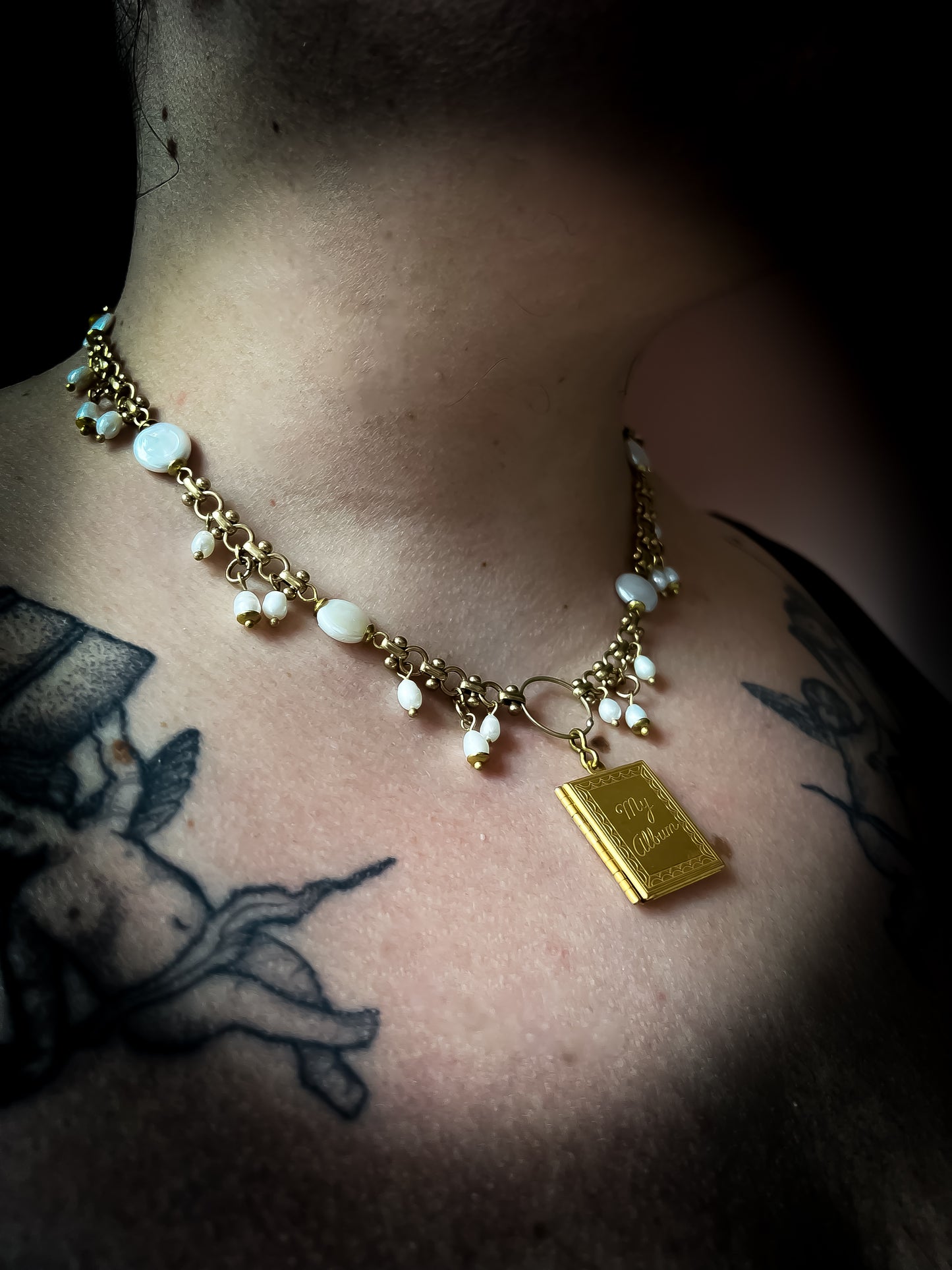 Vintage Deadstock Brass Chain Necklace With 70's "My Album" Photo Locket, Brass Capped White Coin, and Rice Pearl Fringe