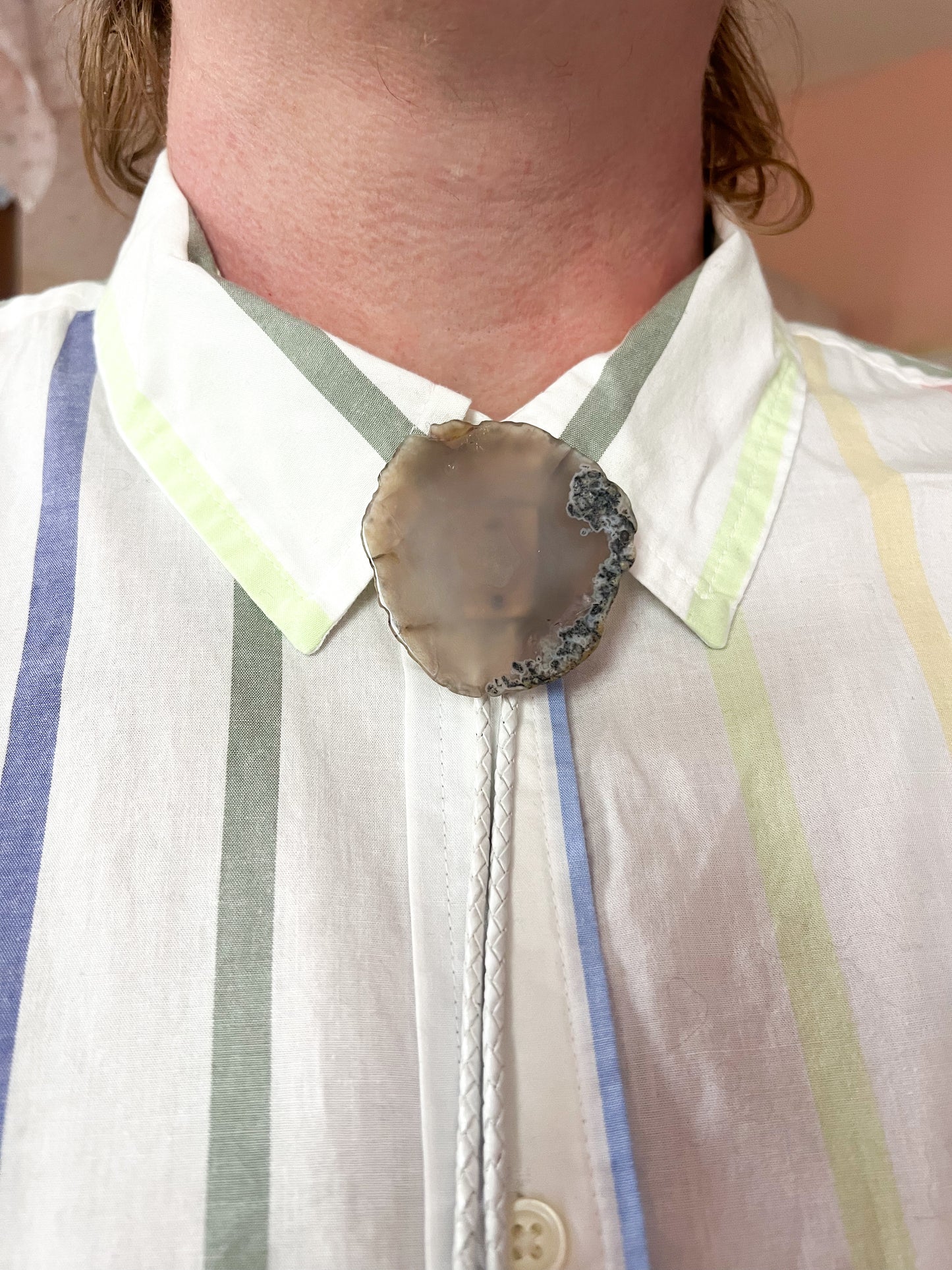 Grey Agate slab Bolo Tie With White Leather Cord and Silver Tone Tips