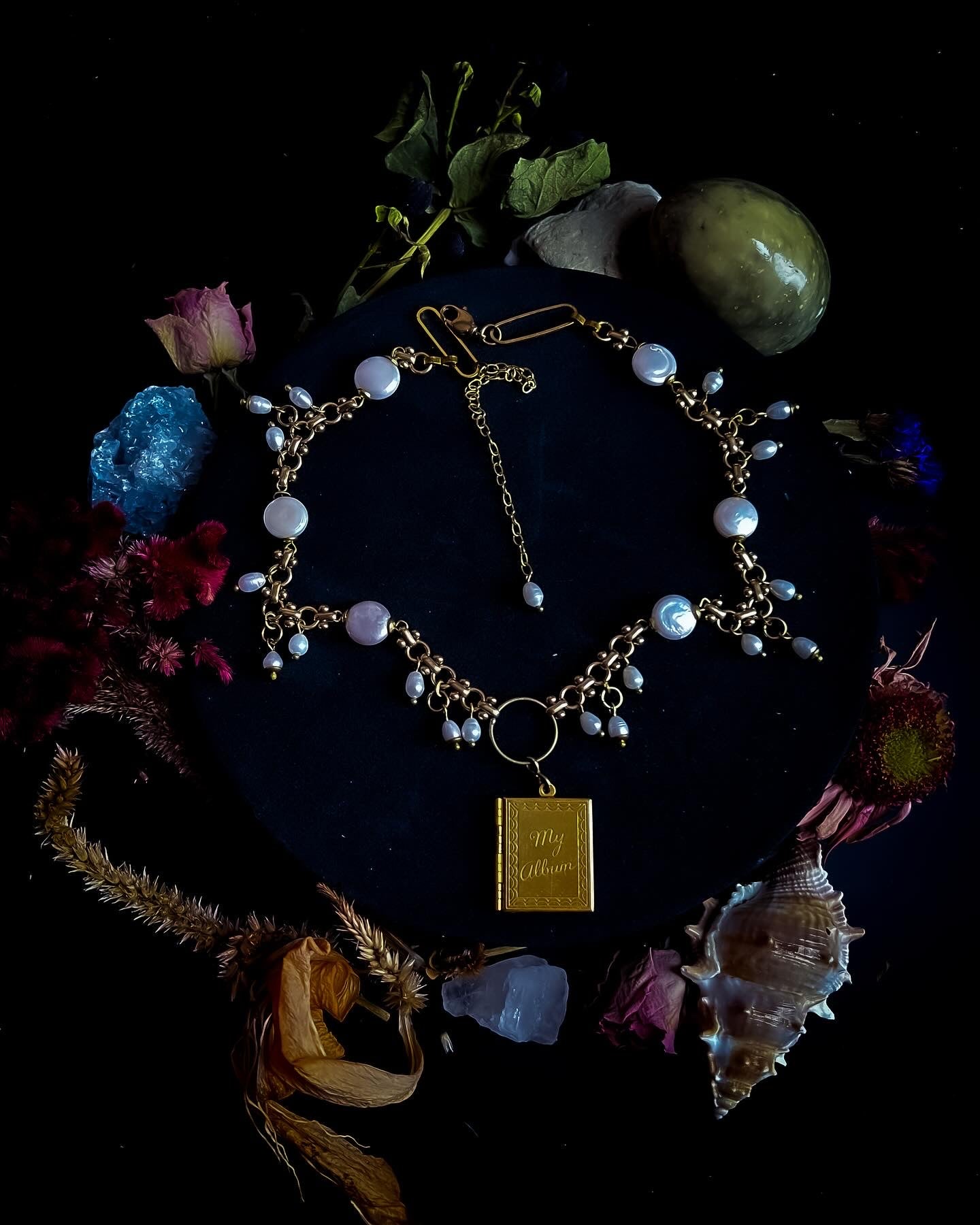 Vintage Deadstock Brass Chain Necklace With 70's "My Album" Photo Locket, Brass Capped White Coin, and Rice Pearl Fringe