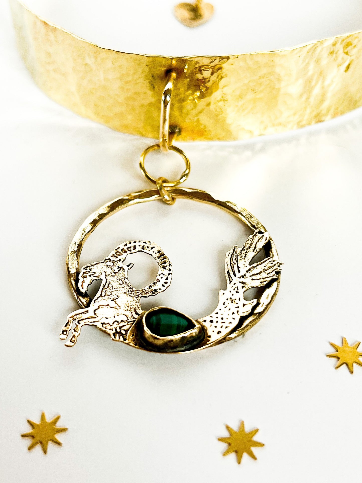 Capricorn Malachite Brass Hammered Choker Collar with Adjustable Chain
