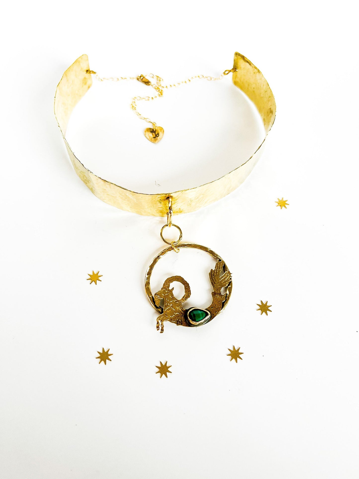 Capricorn Malachite Brass Hammered Choker Collar with Adjustable Chain