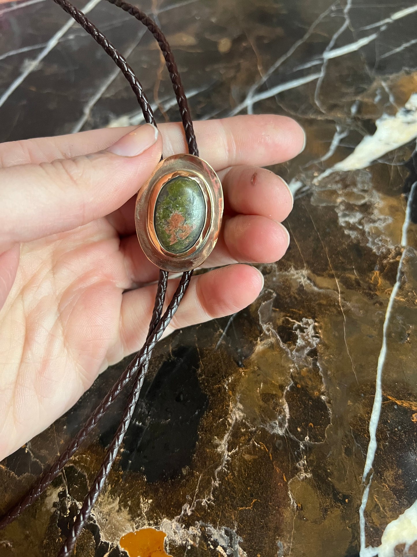 Unakite Jasper Brass Bolo Tie with Brown Leather Cord and Gold Tone Tips