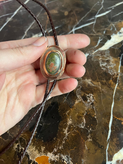 Unakite Jasper Brass Bolo Tie with Brown Leather Cord and Gold Tone Tips