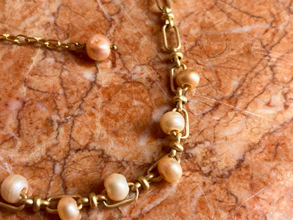 Vintage Matte Finish Chain Necklace with Captive Peach and Cream Pearls