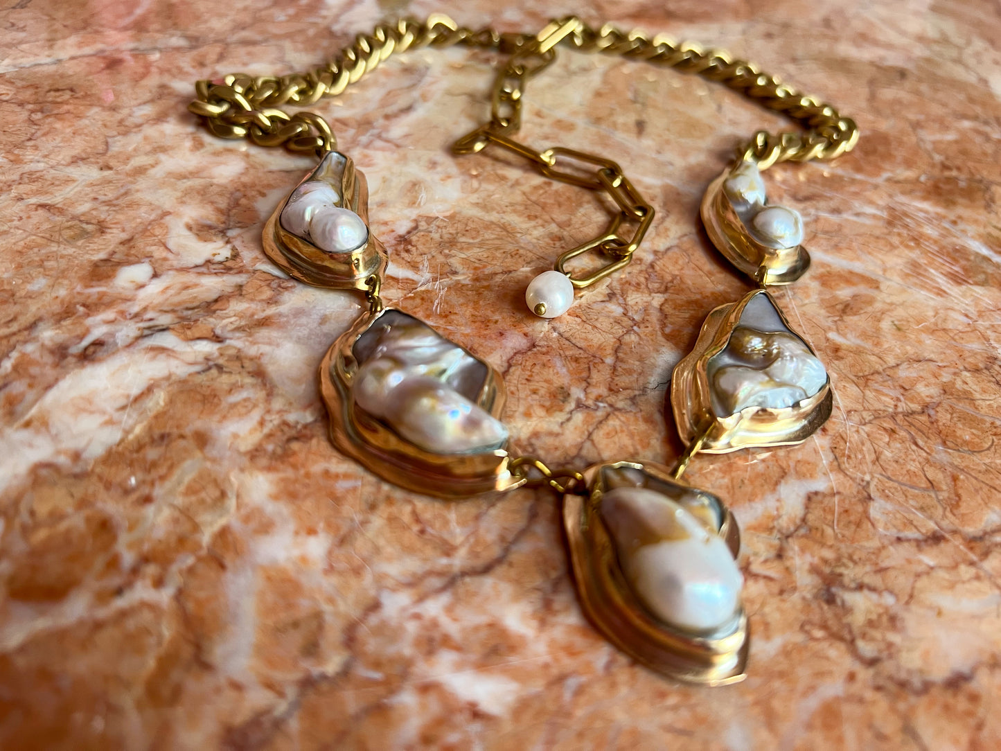 Heavy Statement Bezel-Set Pearl Cluster Chain Necklace