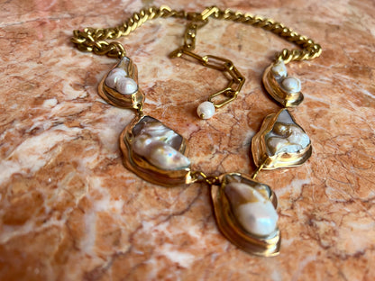 Heavy Statement Bezel-Set Pearl Cluster Chain Necklace