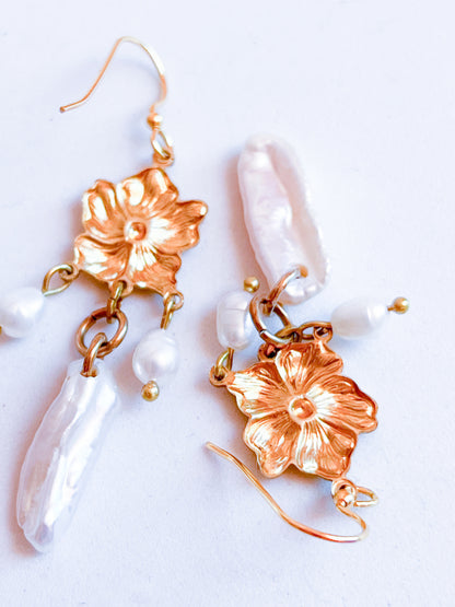 Antique Brass Flower Earrings With Baroque Pearl Fringe