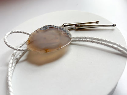 Grey Agate slab Bolo Tie With White Leather Cord and Silver Tone Tips