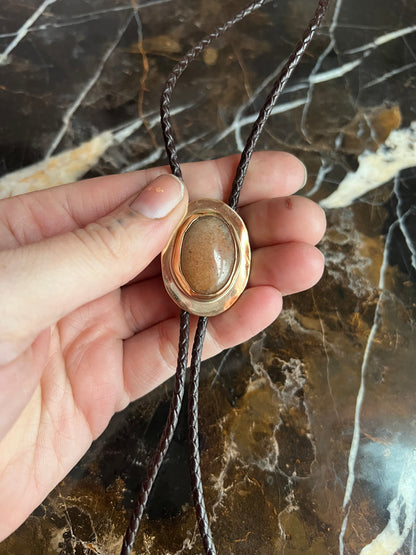 Red Aventurine Brass Bolo Tie with Brown Leather Cord and Gold Tone Tips